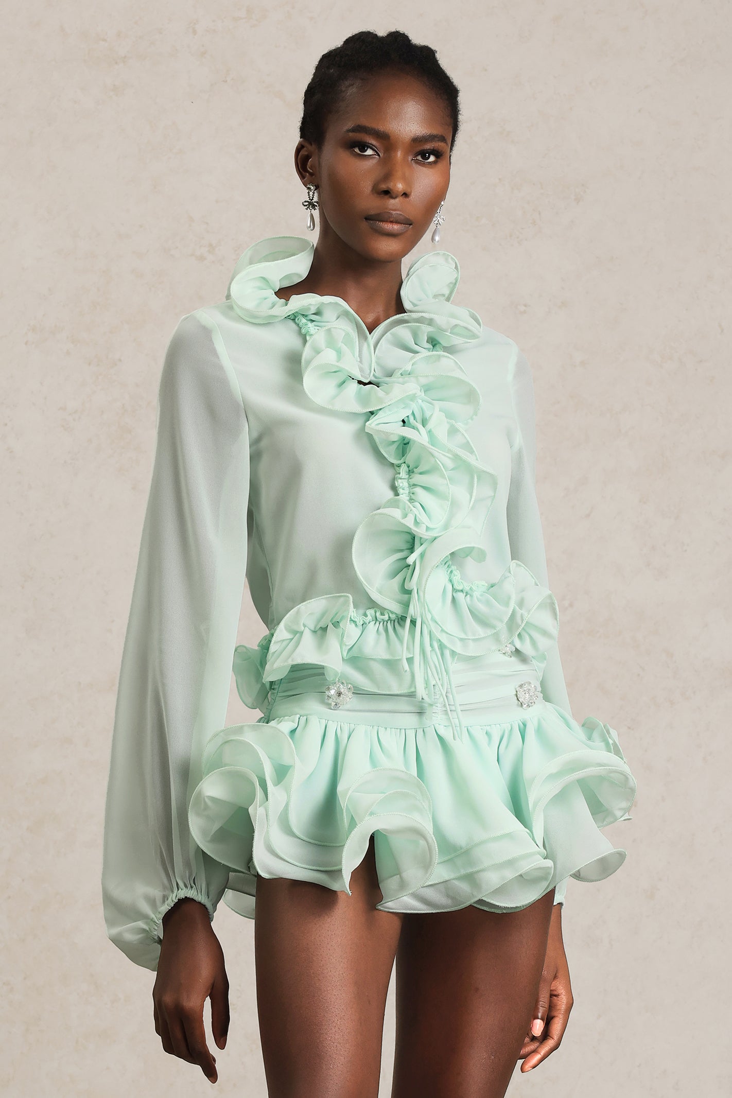 Felixa Long Sleeves Folds Diamond Top And Skirt Two-Piece Set