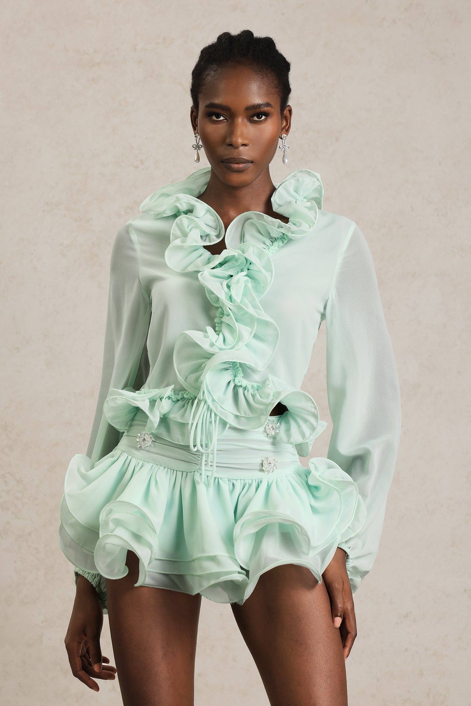 Felixa Long Sleeves Folds Diamond Top And Skirt Two-Piece Set