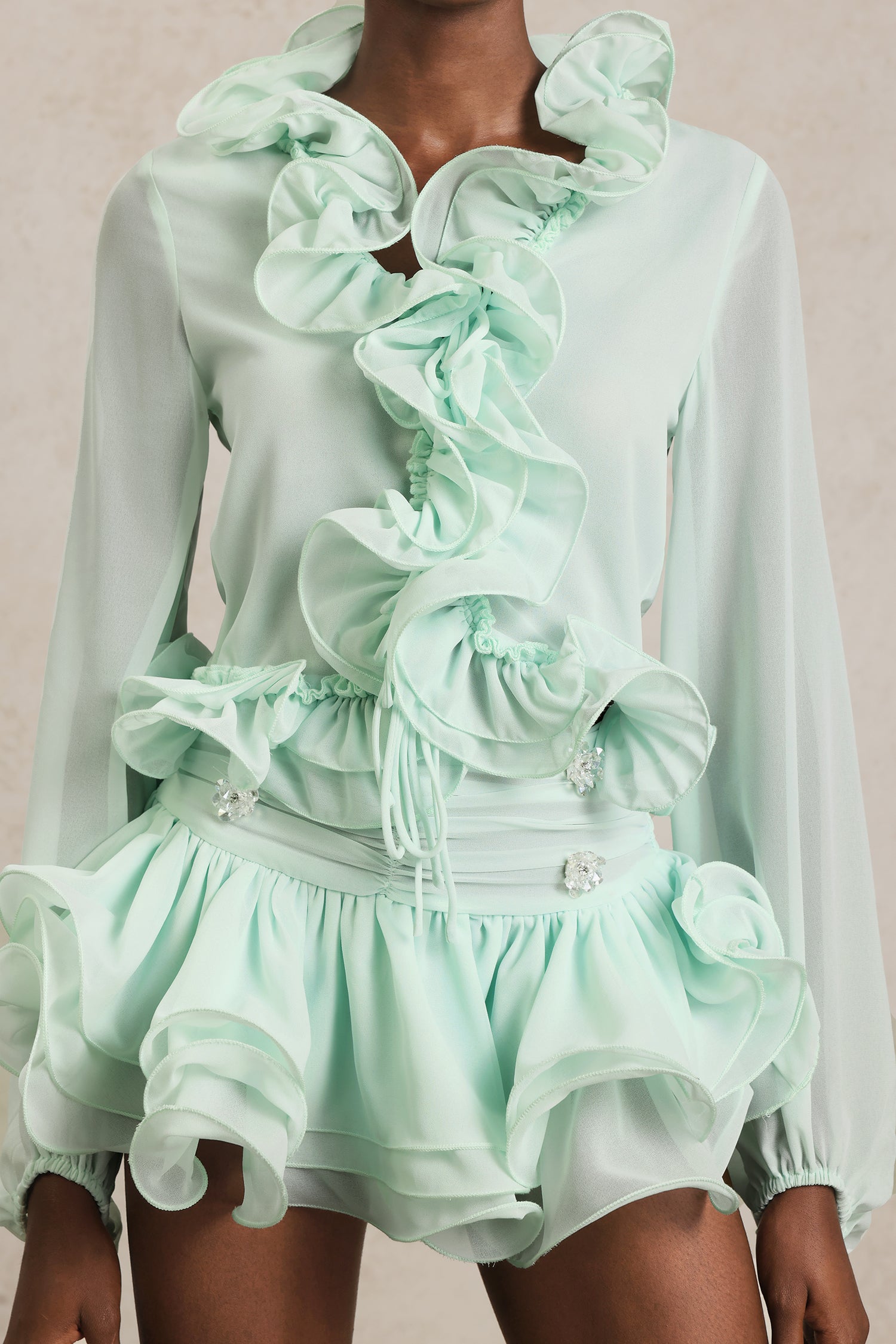 Felixa Long Sleeves Folds Diamond Top And Skirt Two-Piece Set