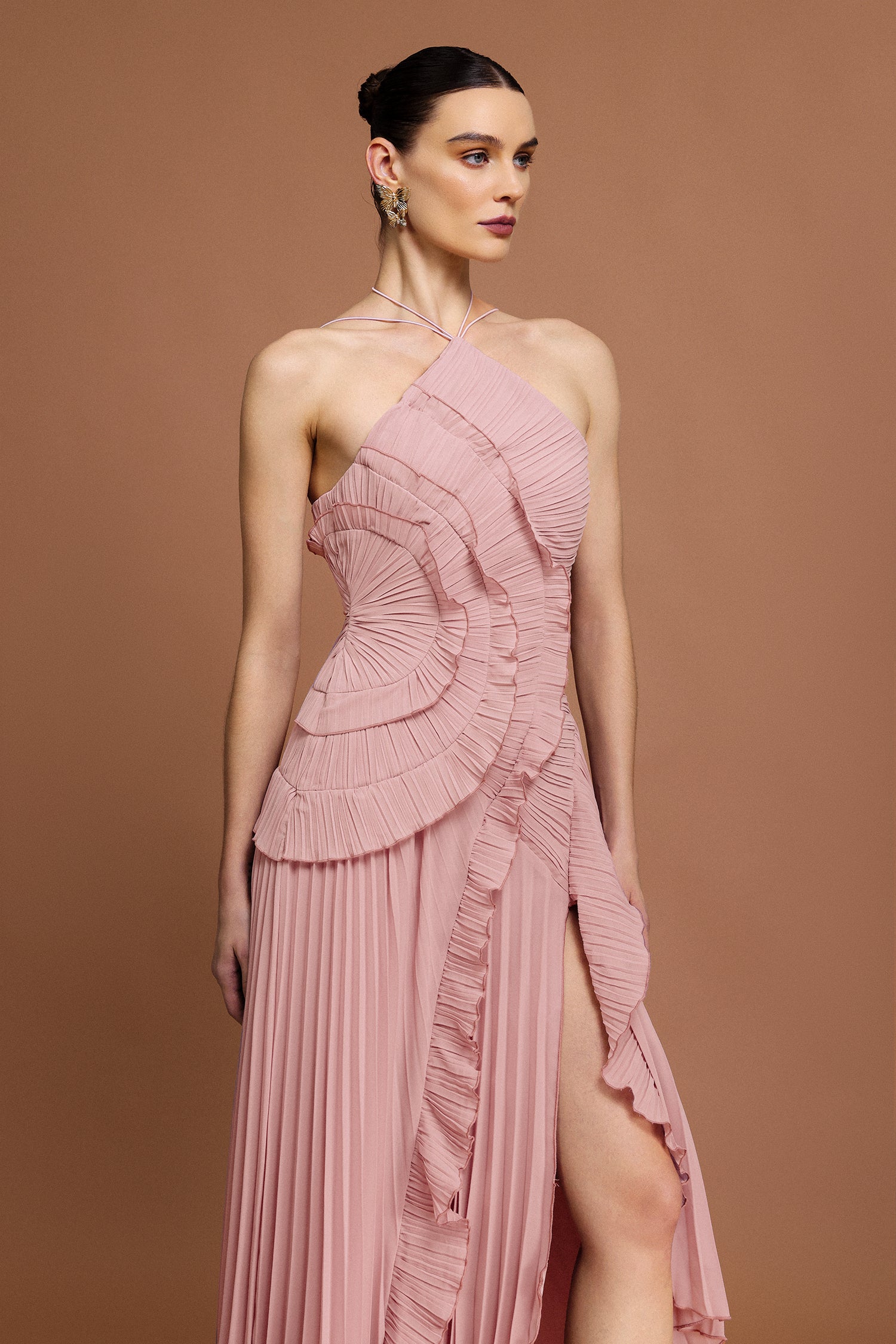 Ravaza Sleeveless Folds Slit Maxi Dress