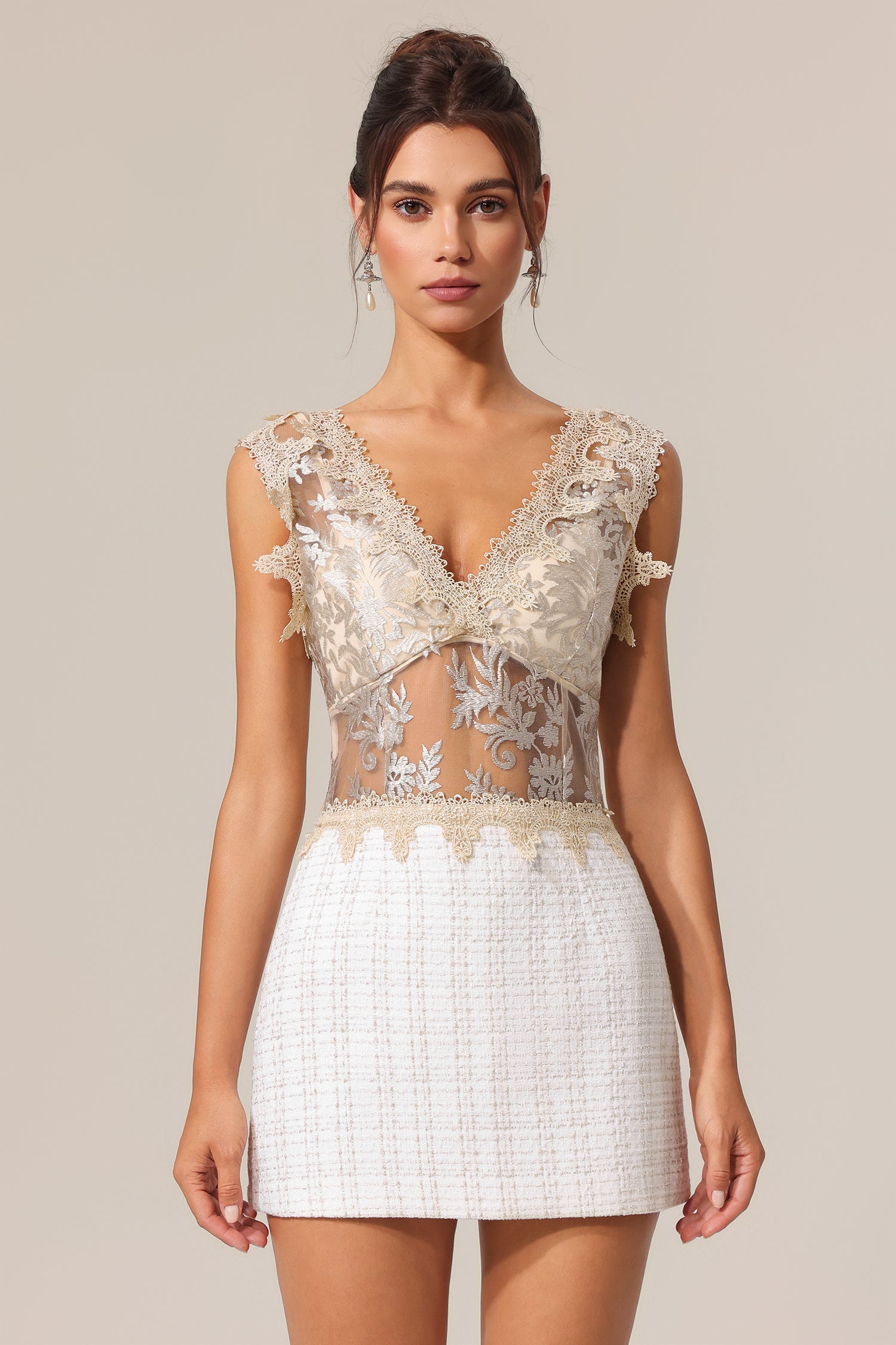 Siara V-Neck Halter Flowers Lace Embroidery Mini Dress