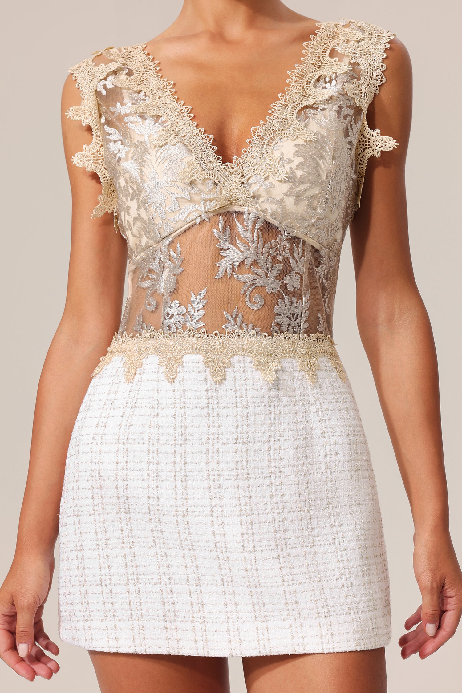 Siara V-Neck Halter Flowers Lace Embroidery Mini Dress