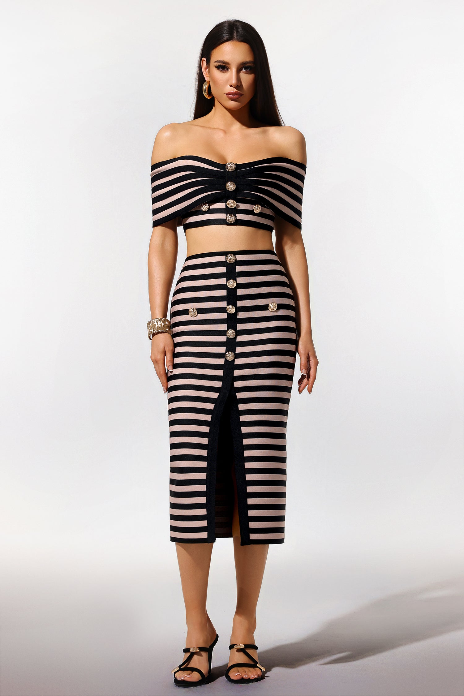 Lalipa Off-The-Shoulder Sleeveless Stripes Bandage Midi Two Piece Set