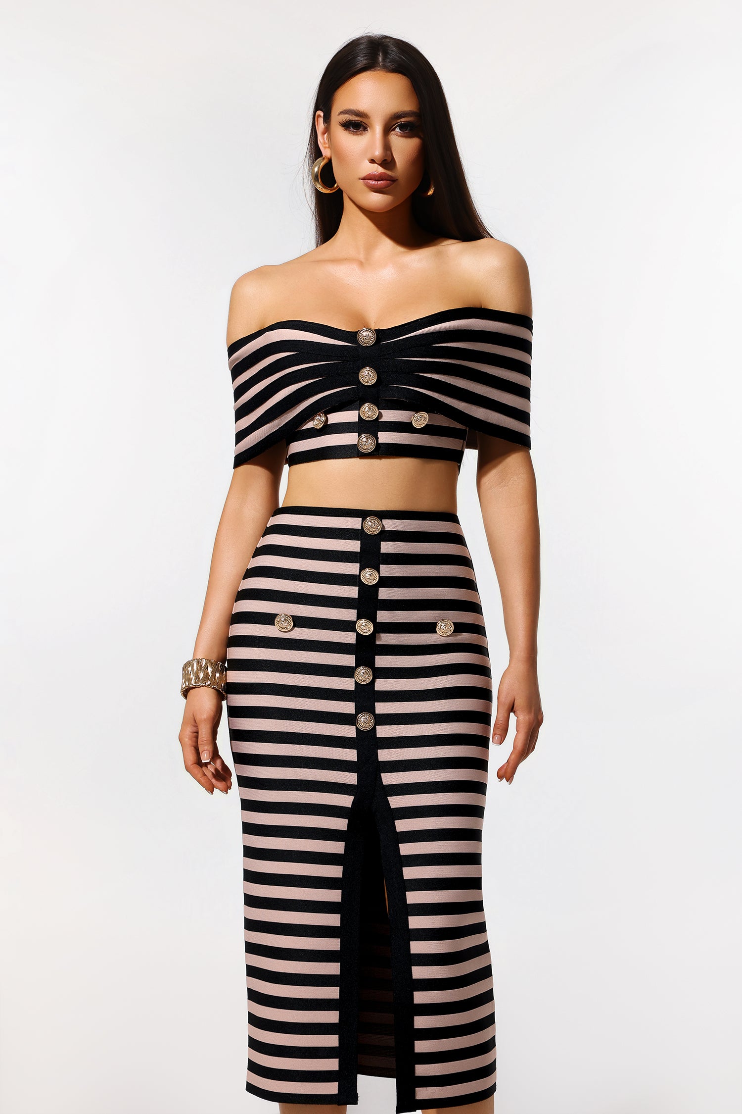 Lalipa Off-The-Shoulder Sleeveless Stripes Bandage Midi Two Piece Set