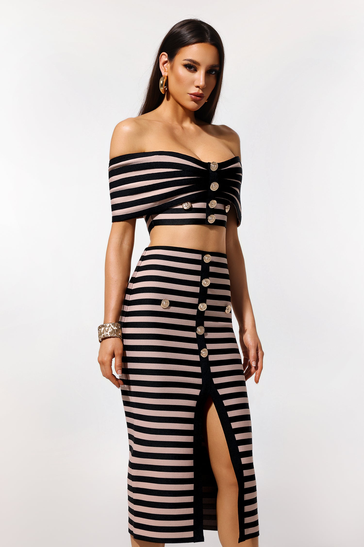 Lalipa Off-The-Shoulder Sleeveless Stripes Bandage Midi Two Piece Set