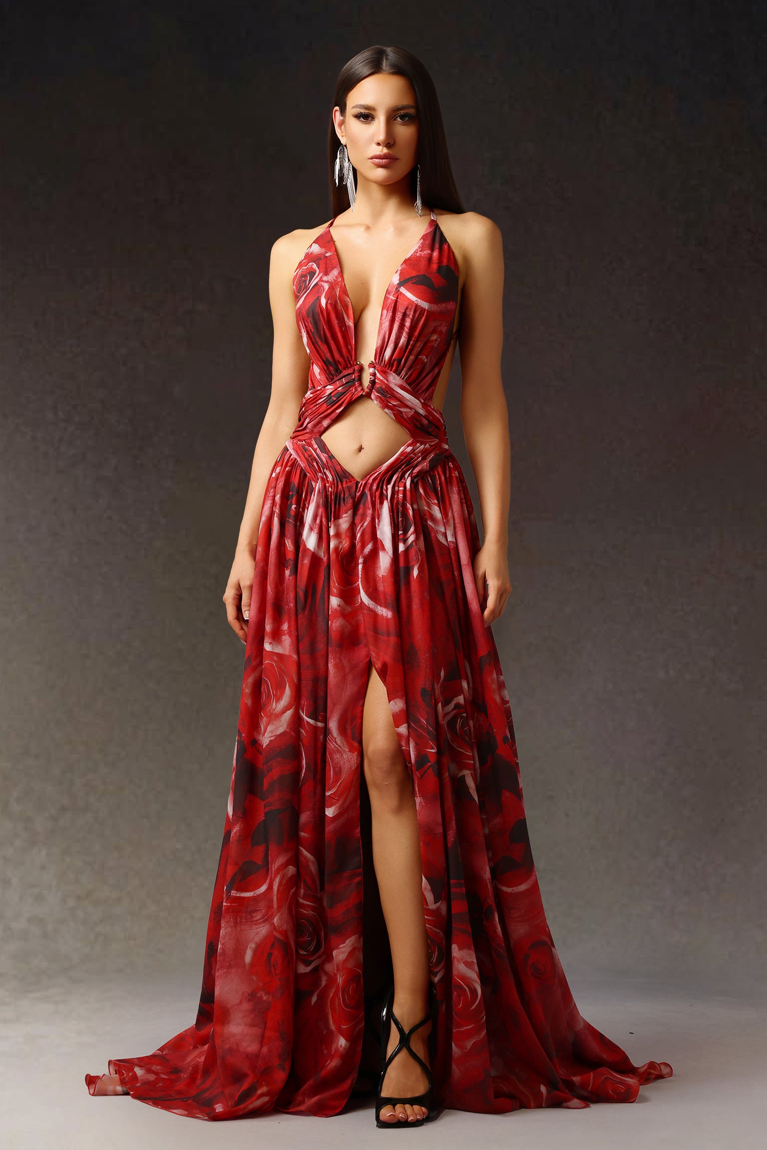 Zem Halter Sleeveless Pearl V-Neck Hollowed Out Print Slit Maxi Dress