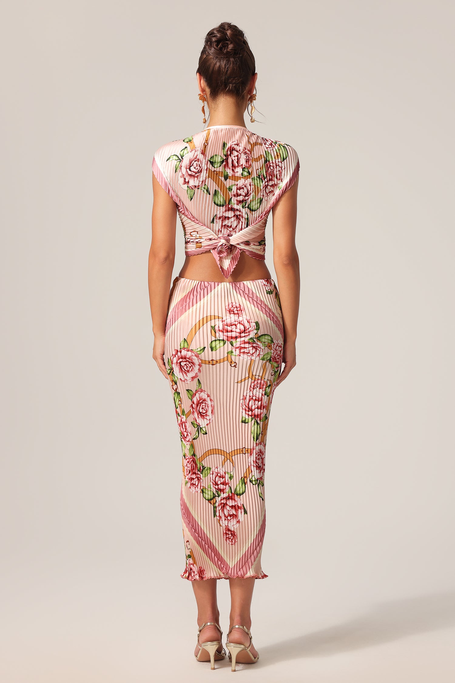 Francina Floral Printed Sleeveless Folds Bowknot Top And Skirt Two-Piece Set