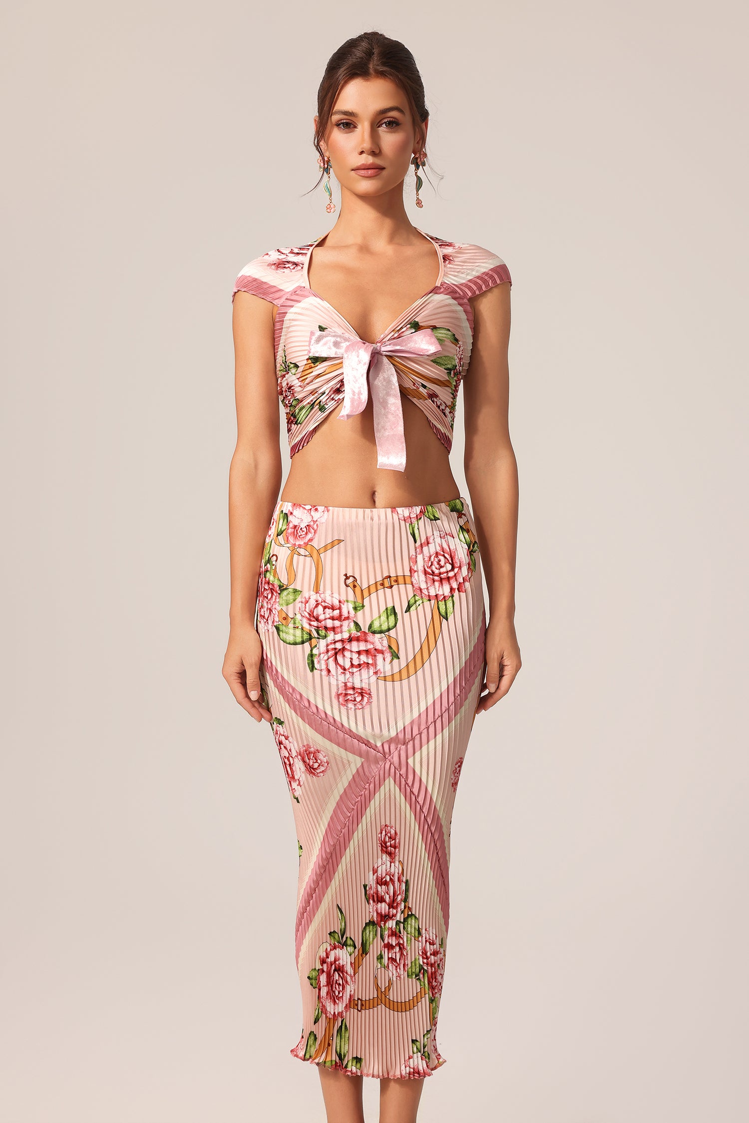 Francina Floral Printed Sleeveless Folds Bowknot Top And Skirt Two-Piece Set