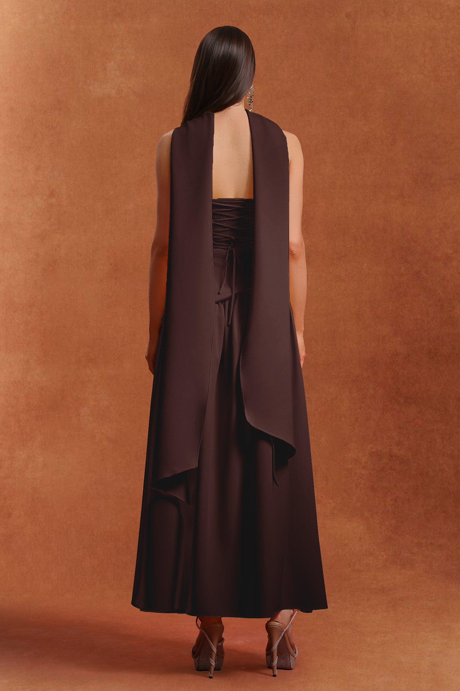 Dasia Sleeveless Ribbon Brown Maxi Dress
