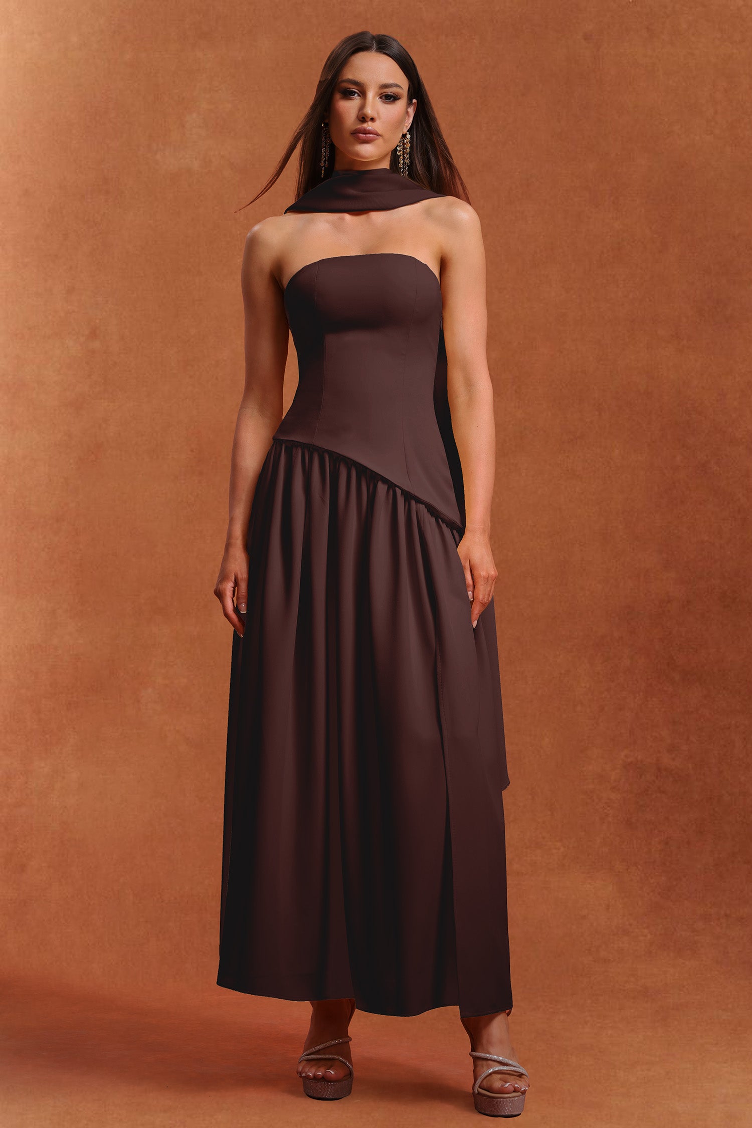 Dasia Sleeveless Ribbon Brown Maxi Dress