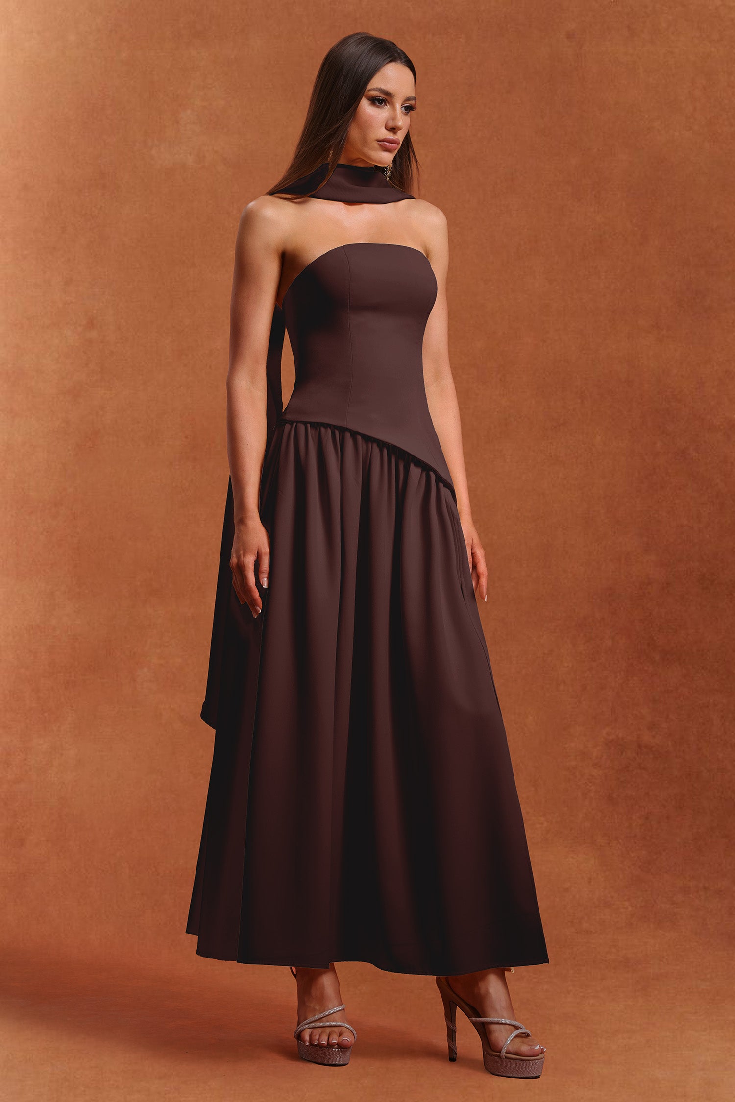 Dasia Sleeveless Ribbon Brown Maxi Dress