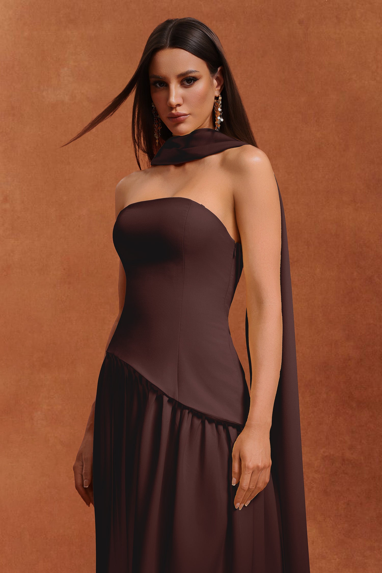 Dasia Sleeveless Ribbon Brown Maxi Dress