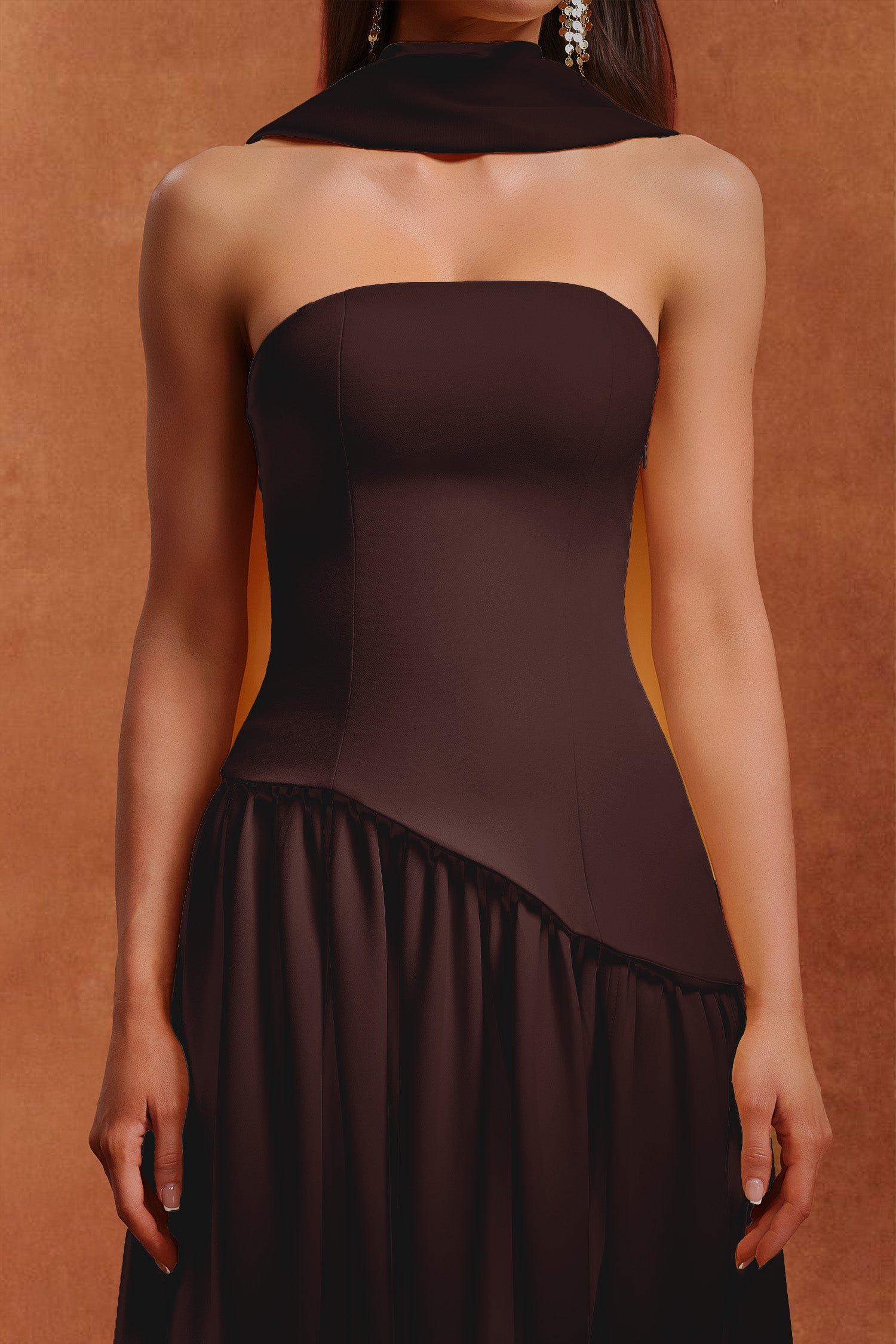 Dasia Sleeveless Ribbon Brown Maxi Dress