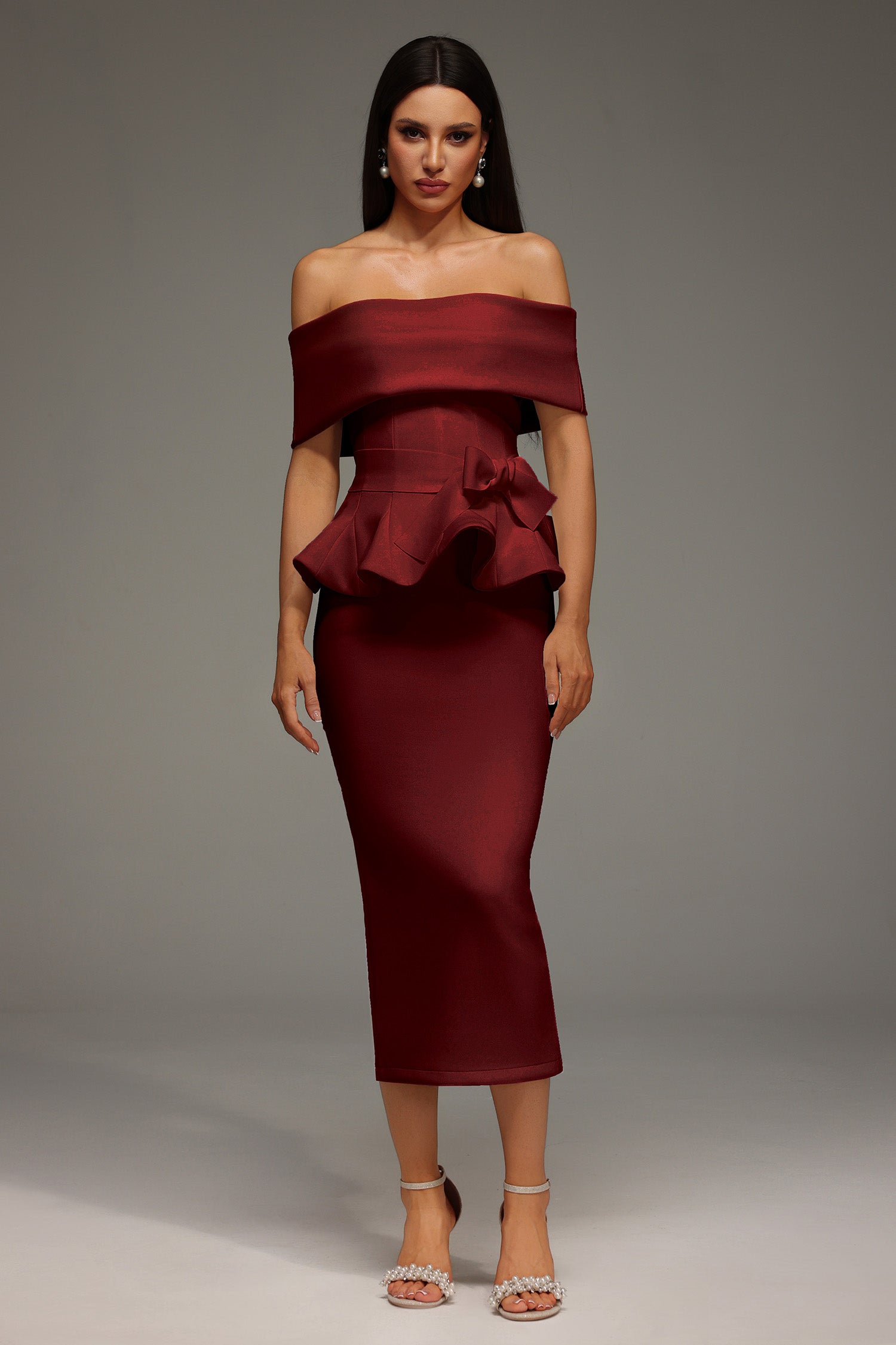 Eleanore Off The Shoulder  Ruffled Edge Red Midi Dress