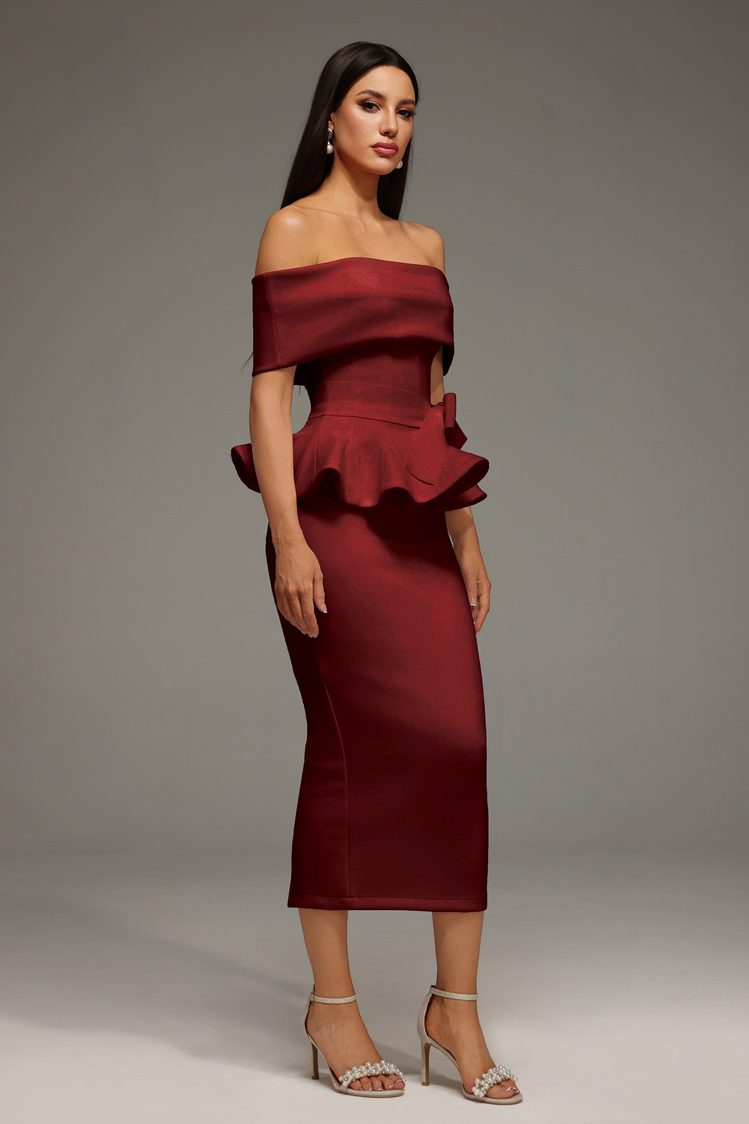 Eleanore Off The Shoulder  Ruffled Edge Red Midi Dress