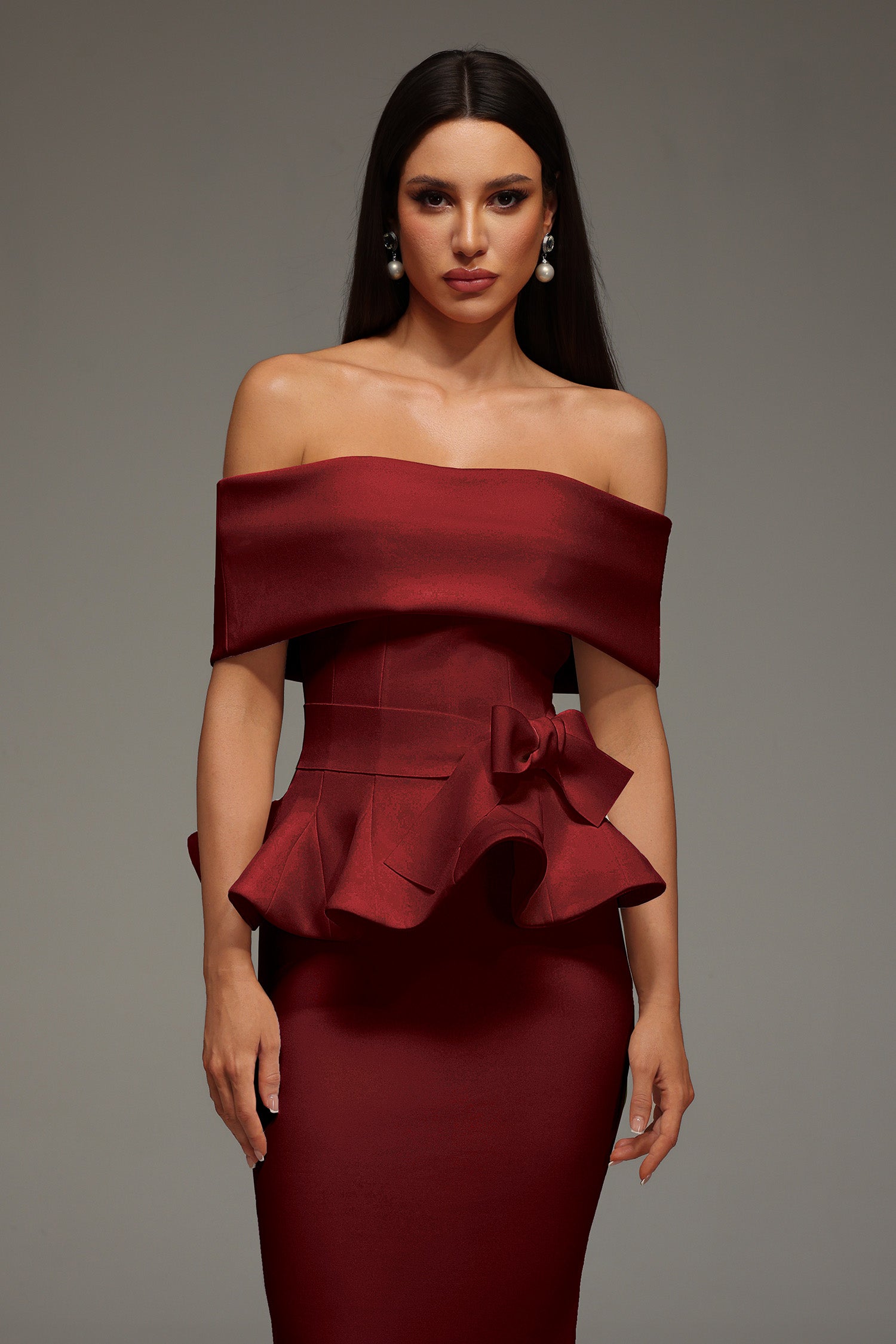 Eleanore Off The Shoulder  Ruffled Edge Red Midi Dress