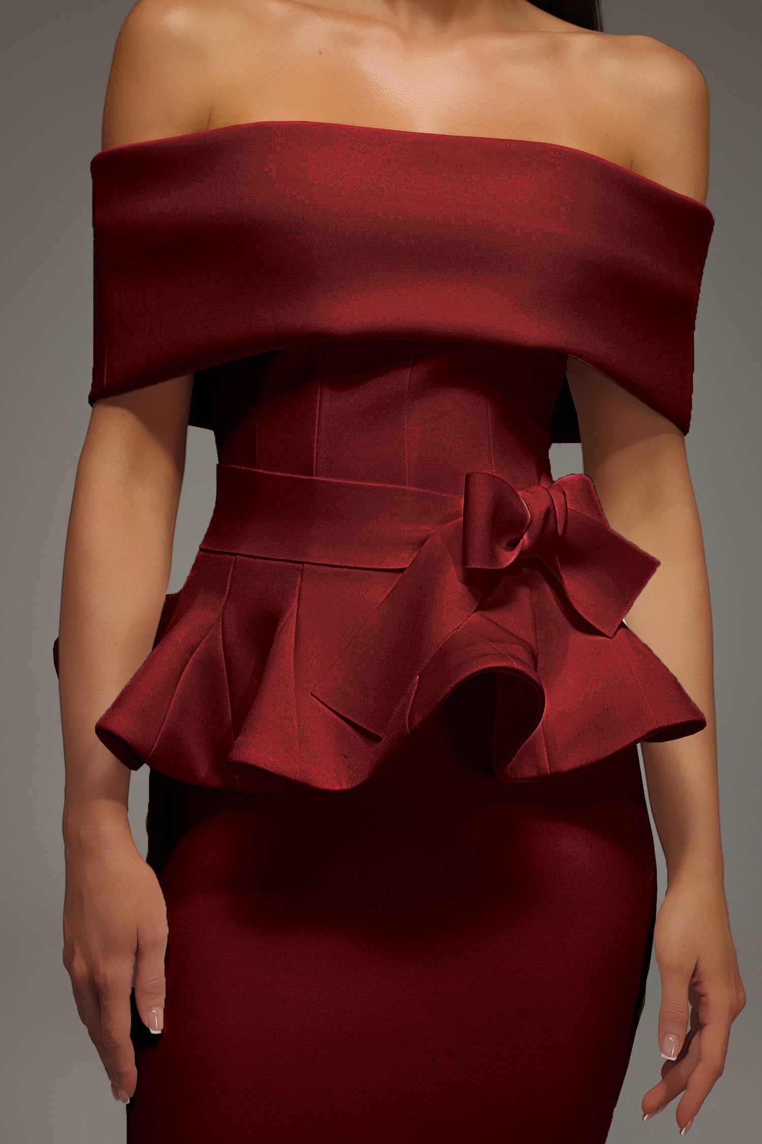 Eleanore Off The Shoulder  Ruffled Edge Red Midi Dress