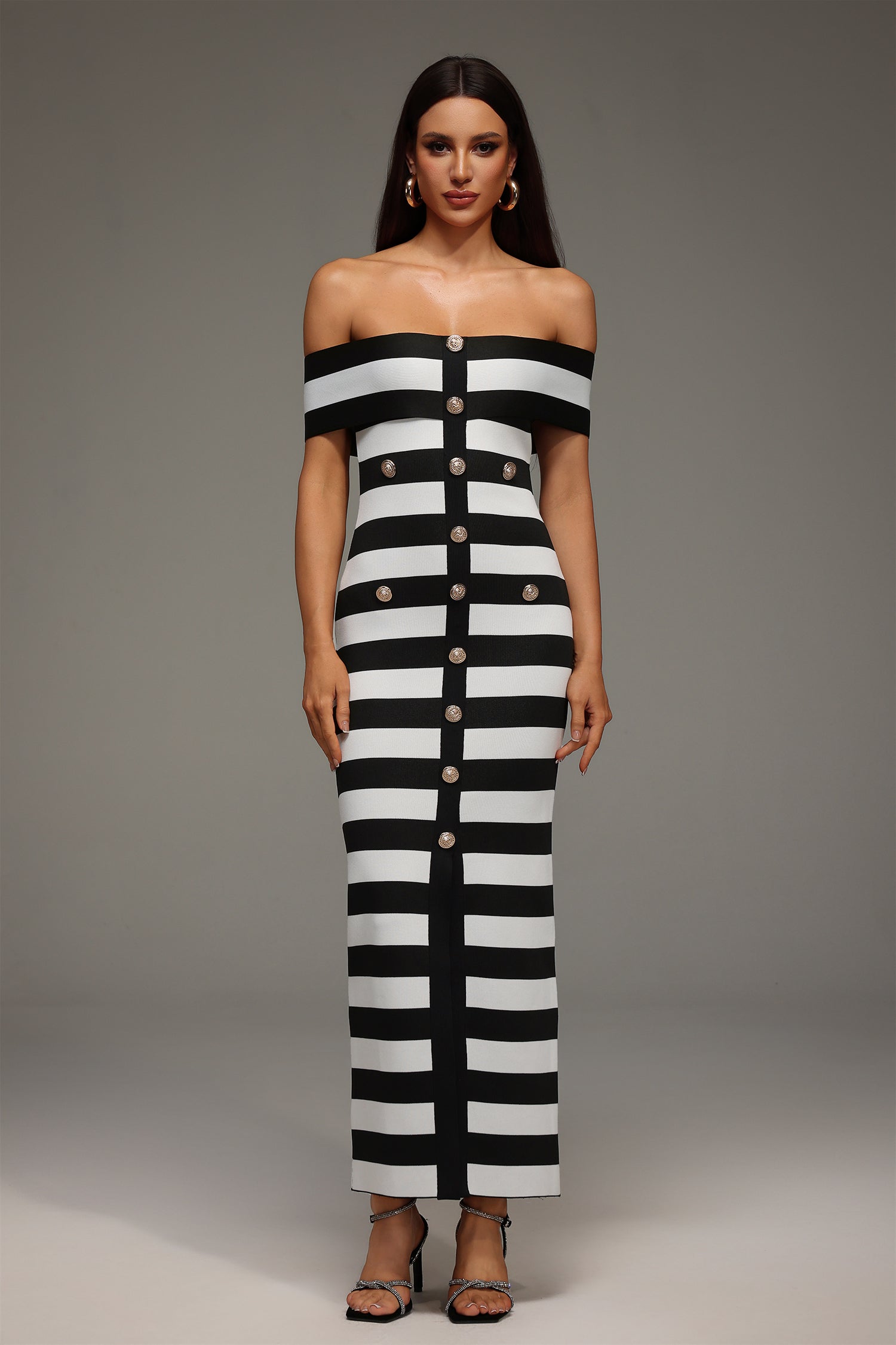Habiba Off The Shoulder Stripes Bandage Maxi Dress