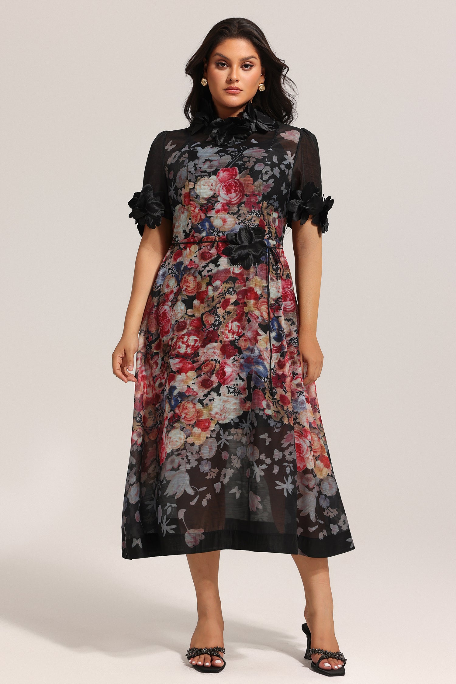 Haliya Short Sleeves Flowers Printed Midi Dress