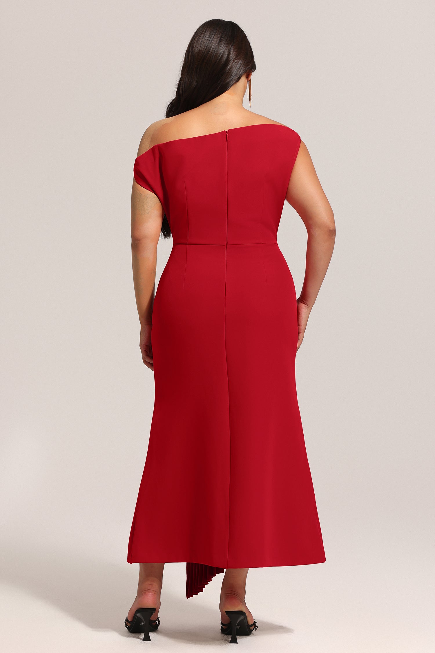 Jillian Oblique Shoulder Sleeveless Folds Midi Dress