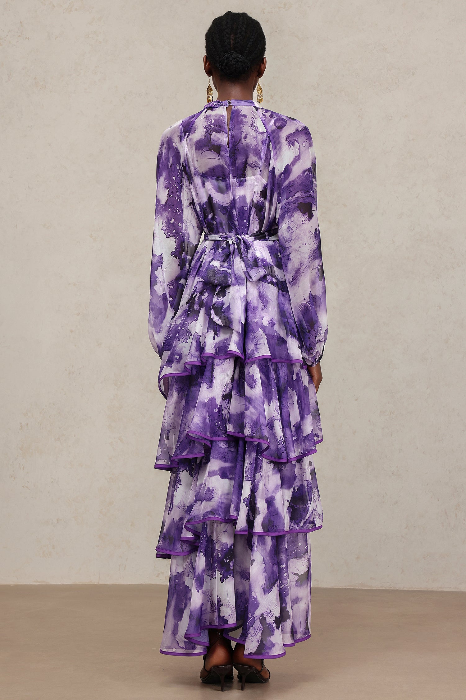 Jolie Round Neck Long Sleeves Floral Printed Folds Maxi Dress