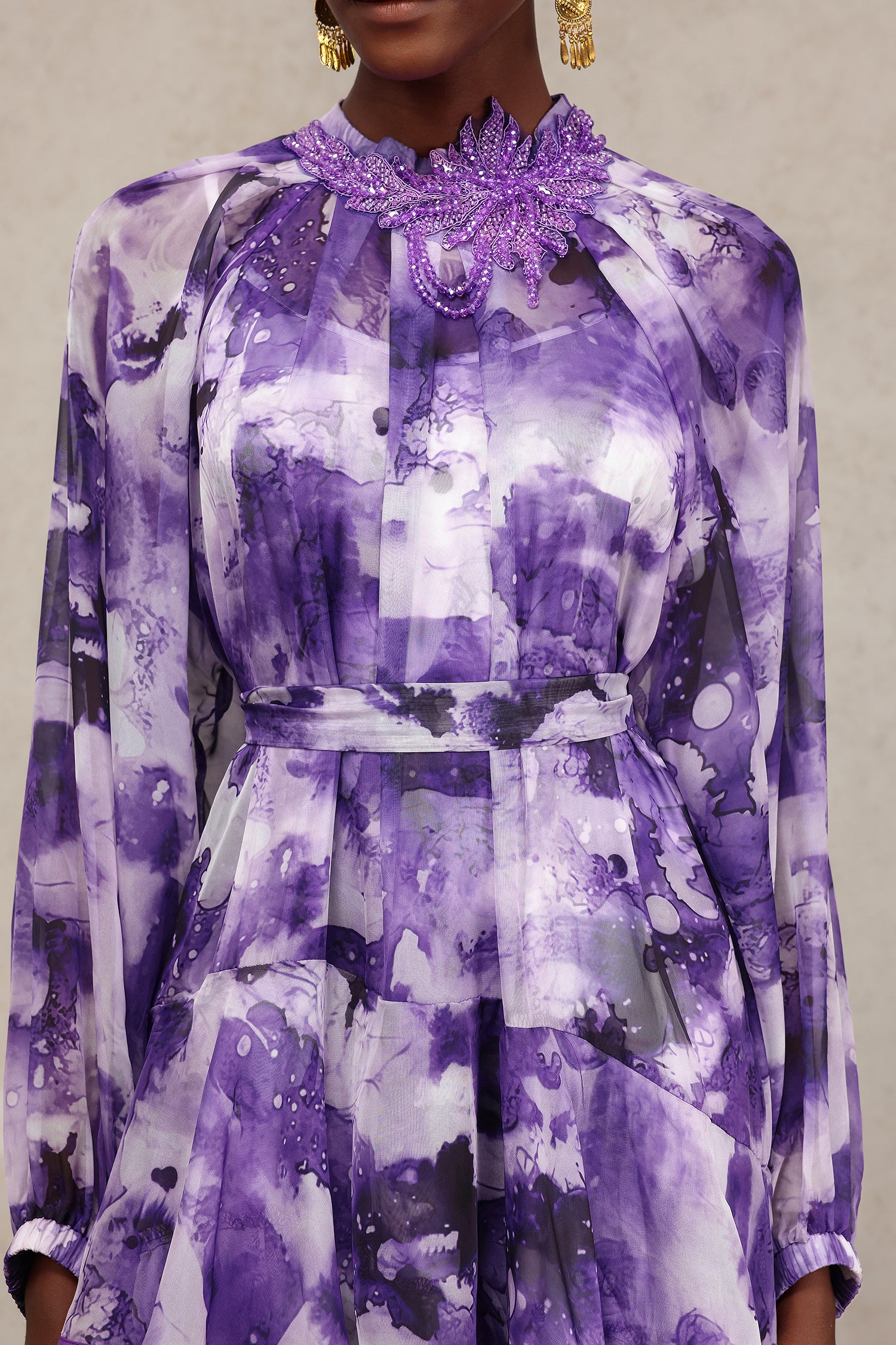 Jolie Round Neck Long Sleeves Floral Printed Folds Maxi Dress