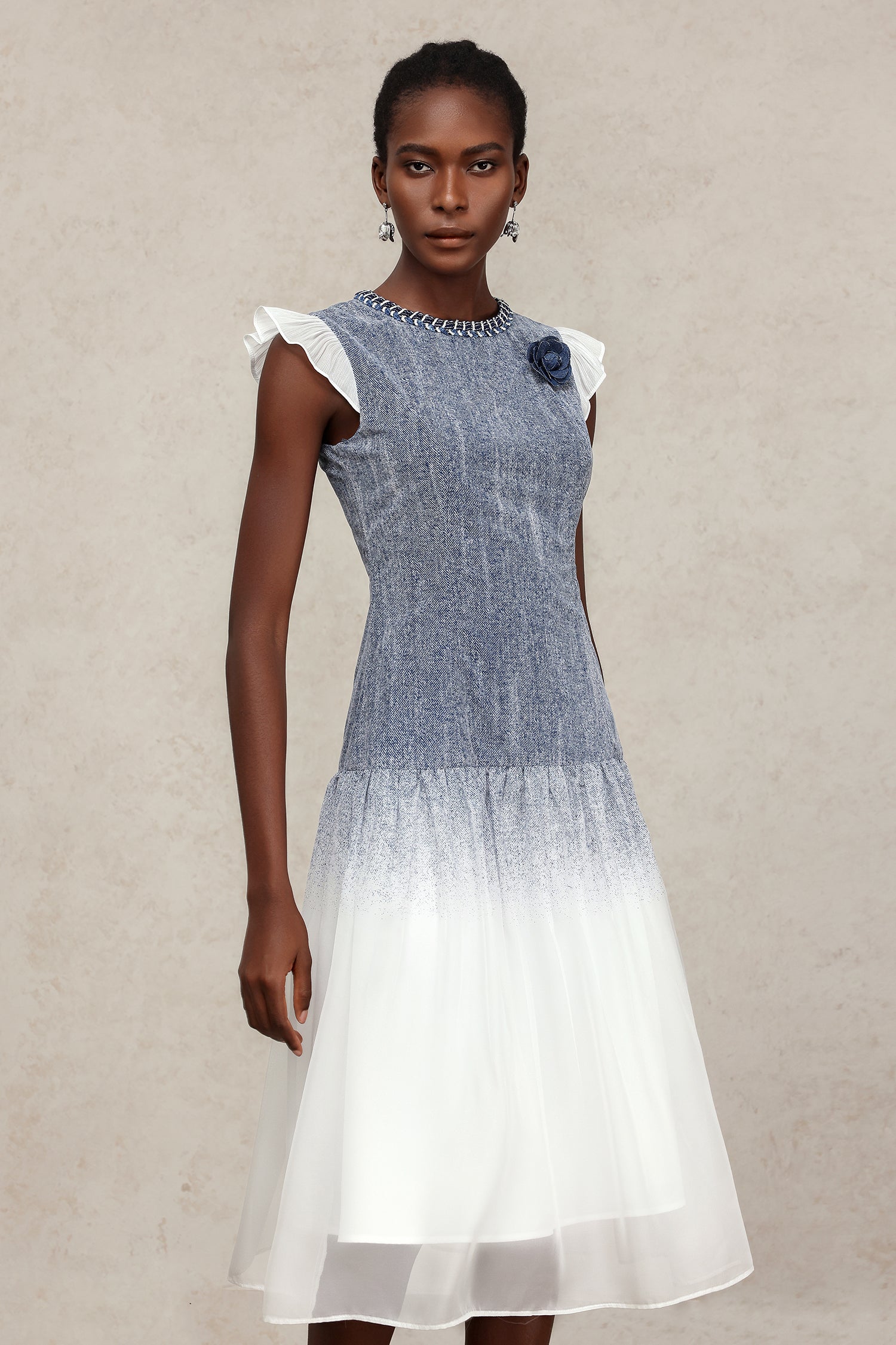 Hunter Round Neck Denim Printed Midi Dress