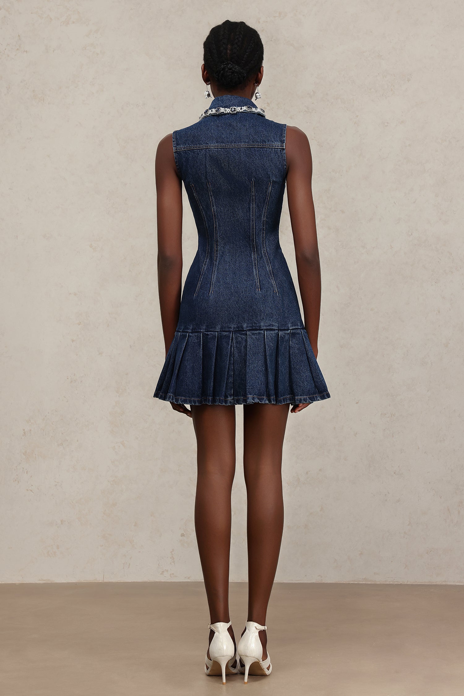 Liaka Lapel Sleeveless Diamond Denim Mini Dress