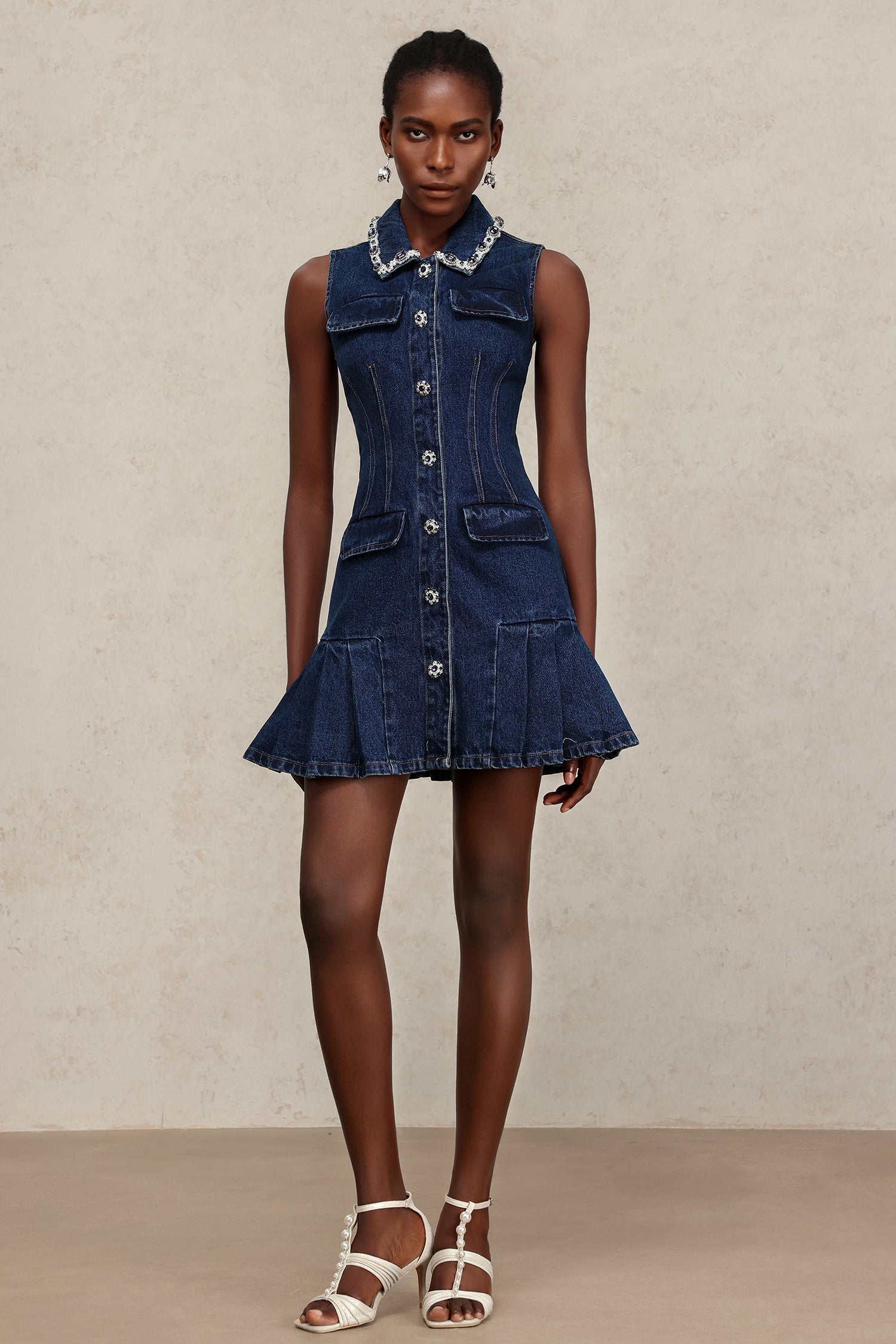 Liaka Lapel Sleeveless Diamond Denim Mini Dress