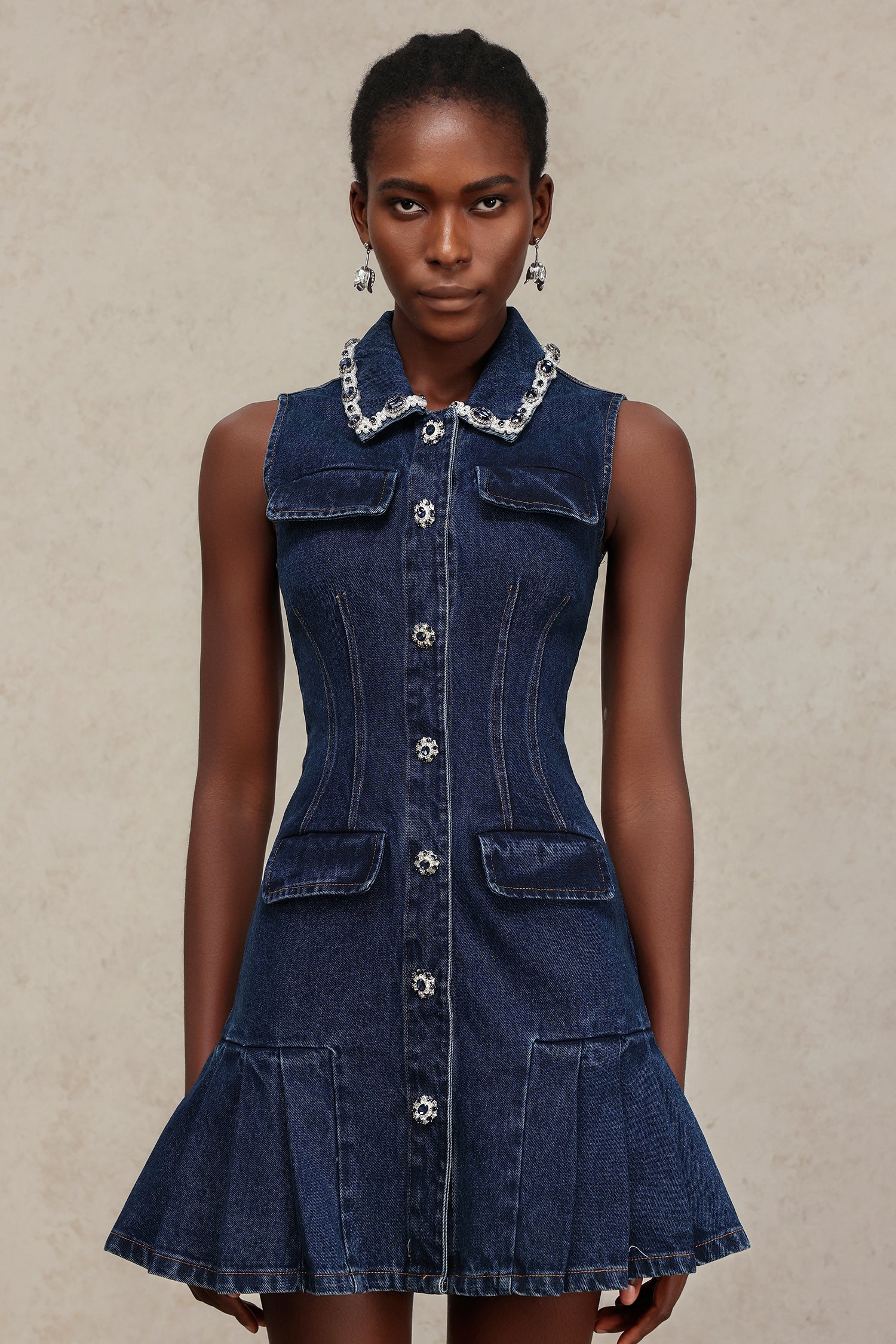 Liaka Lapel Sleeveless Diamond Denim Mini Dress