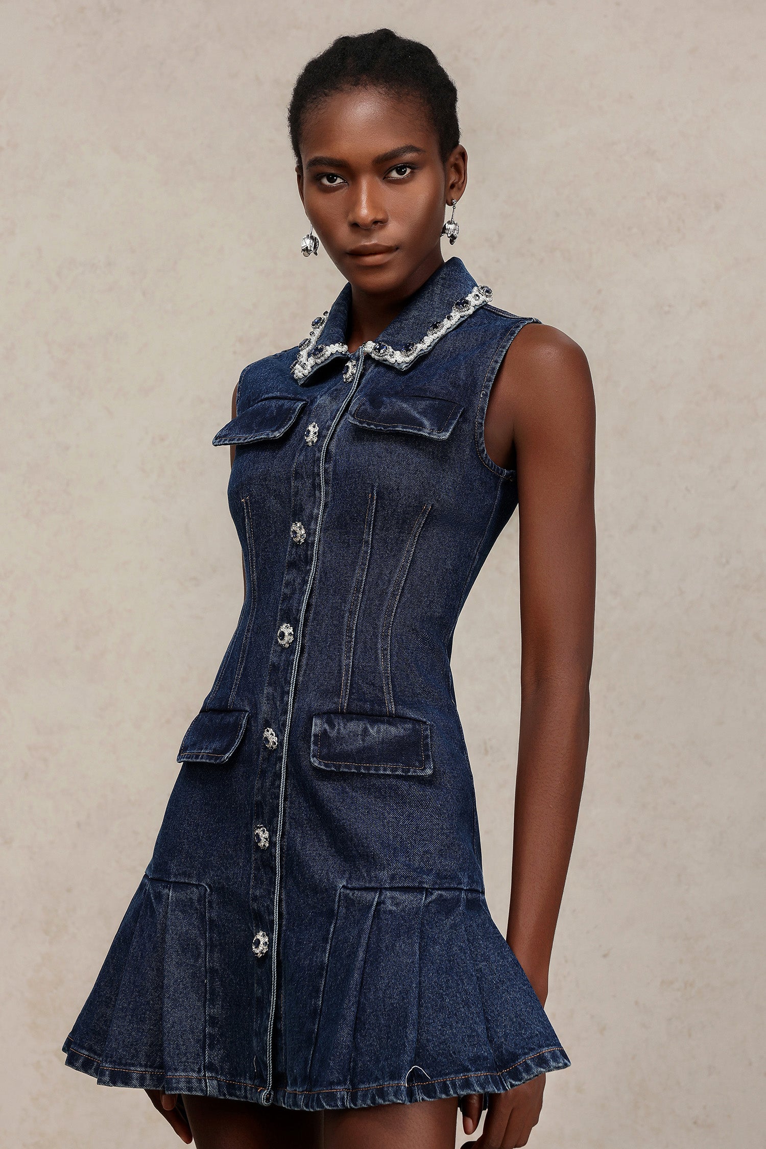 Liaka Lapel Sleeveless Diamond Denim Mini Dress