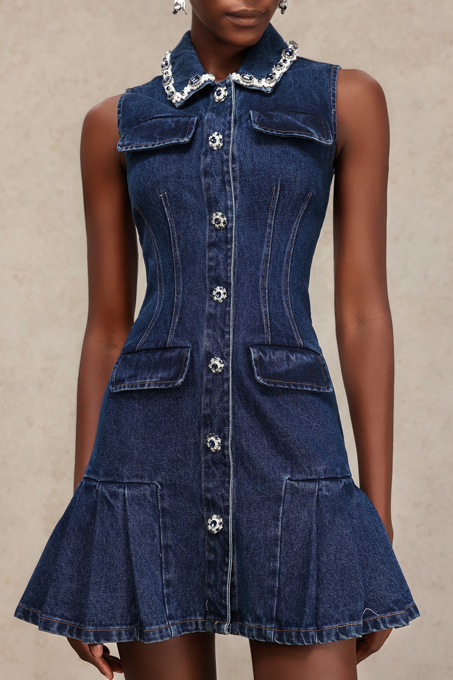 Liaka Lapel Sleeveless Diamond Denim Mini Dress