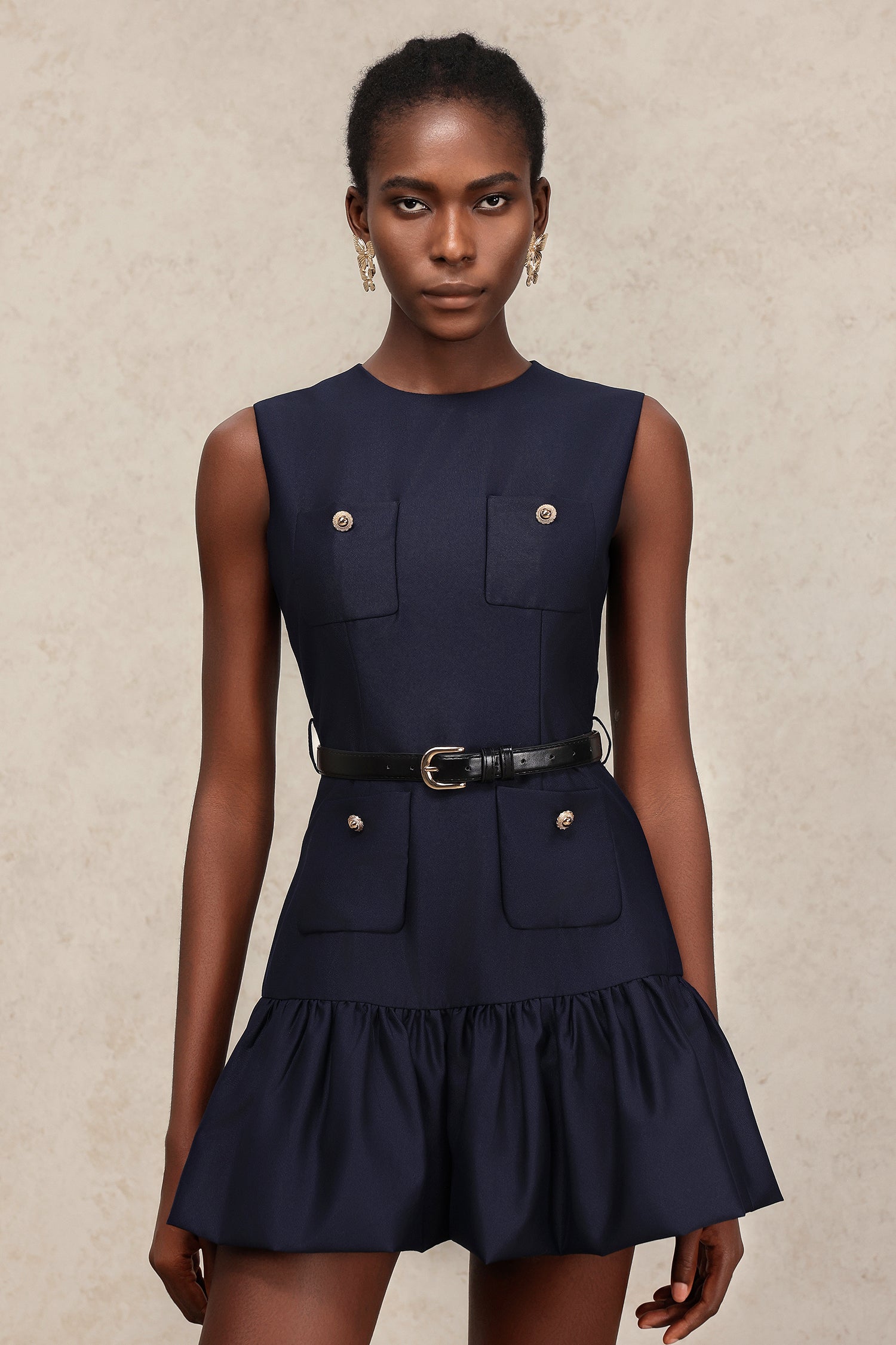 Viki Round Neck Folds Sleeveless Mini Dress