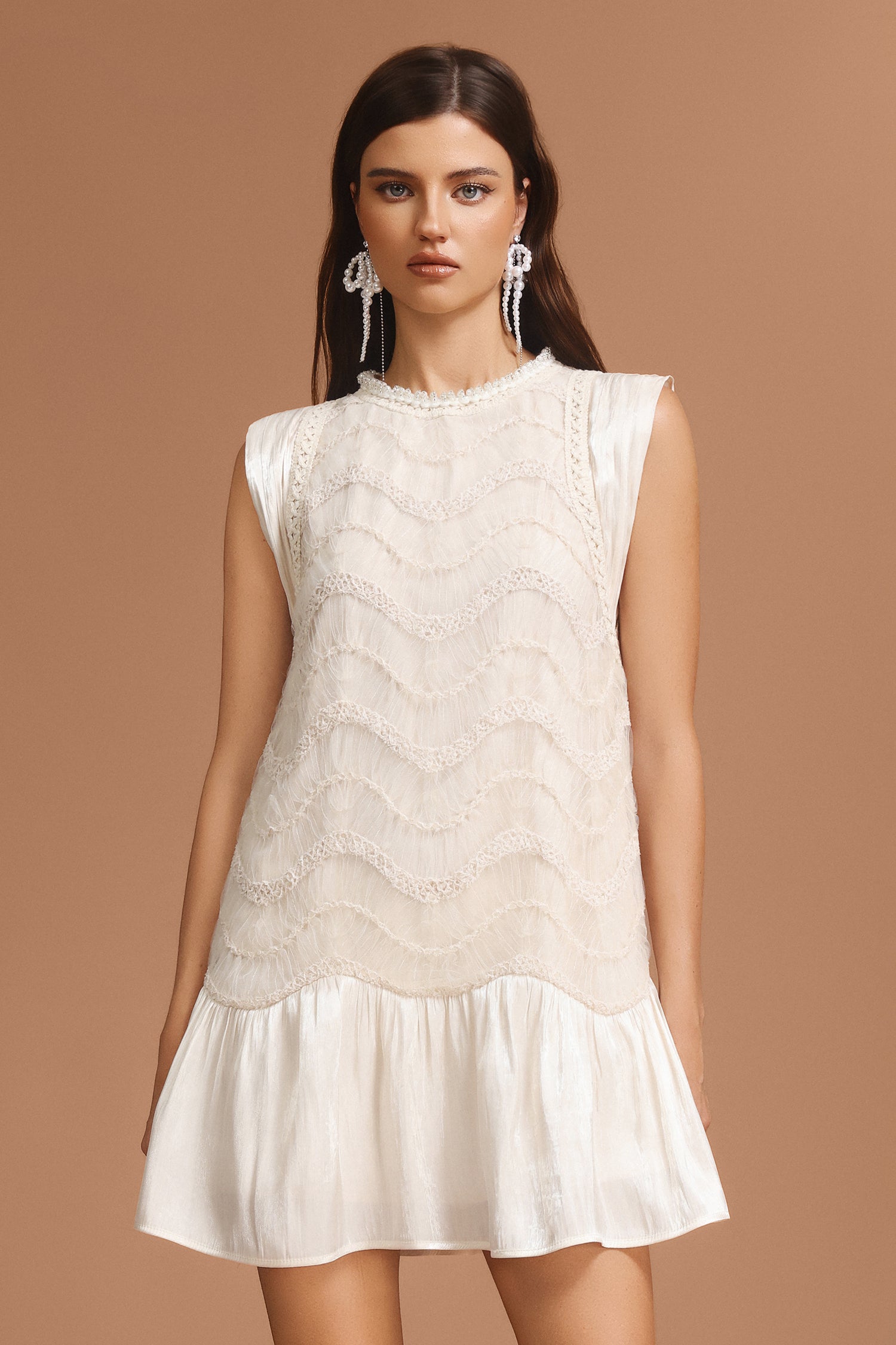 Melany Sleeveless Folds Lace Mini Dress