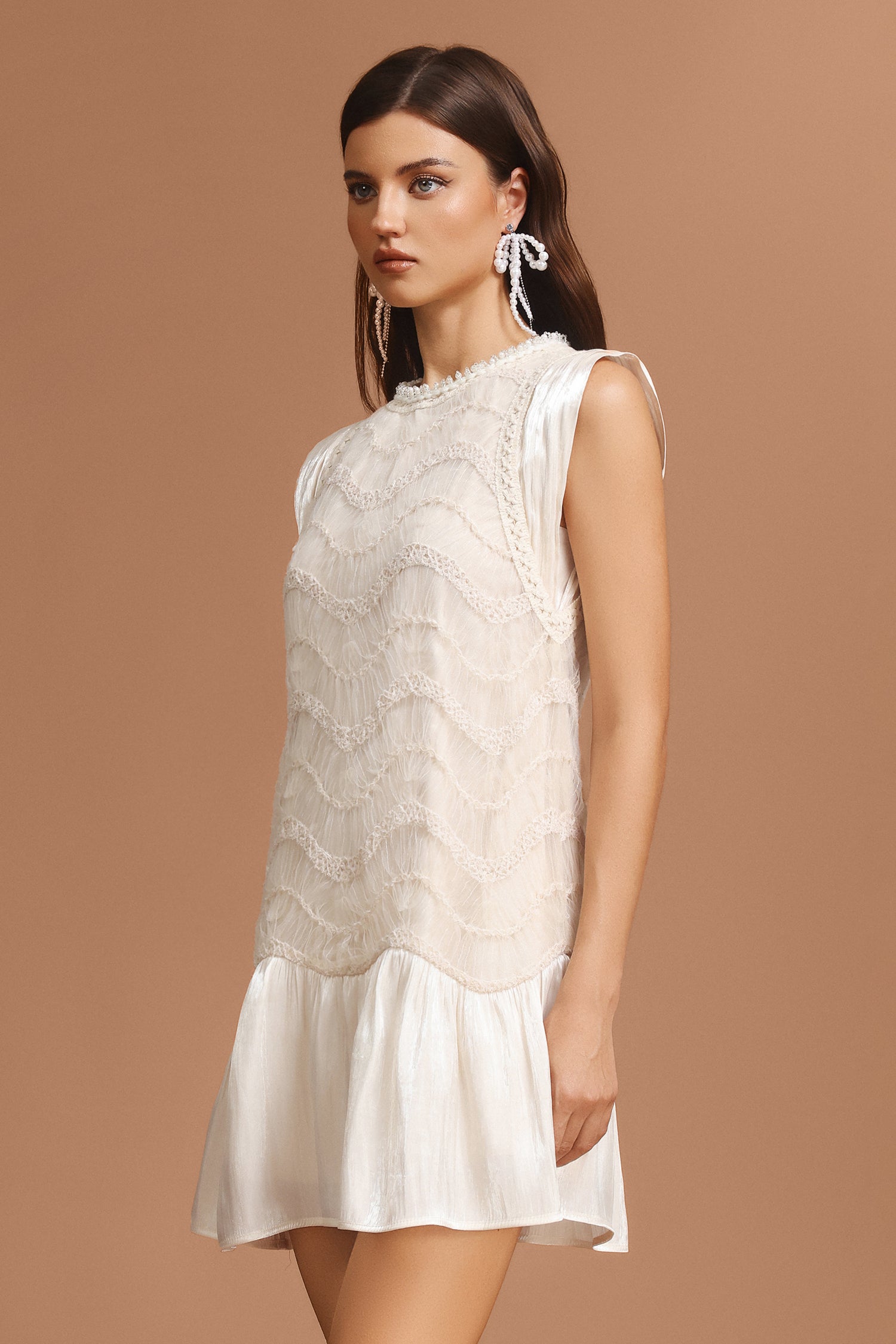 Melany Sleeveless Folds Lace Mini Dress
