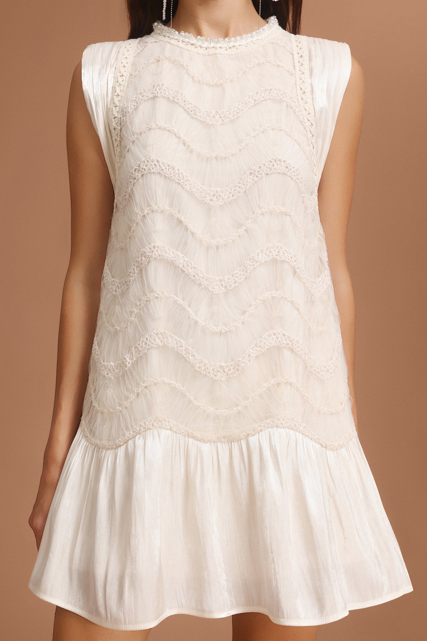Melany Sleeveless Folds Lace Mini Dress