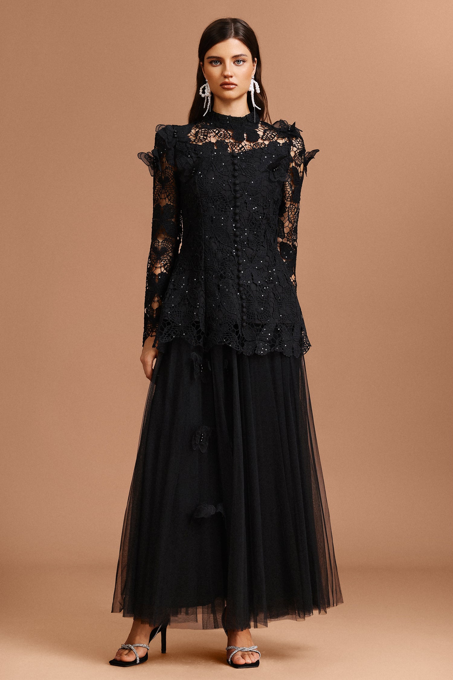 Okama Long Sleeve Folds Lace Butterfly Top And Skirt Two-Piece Set