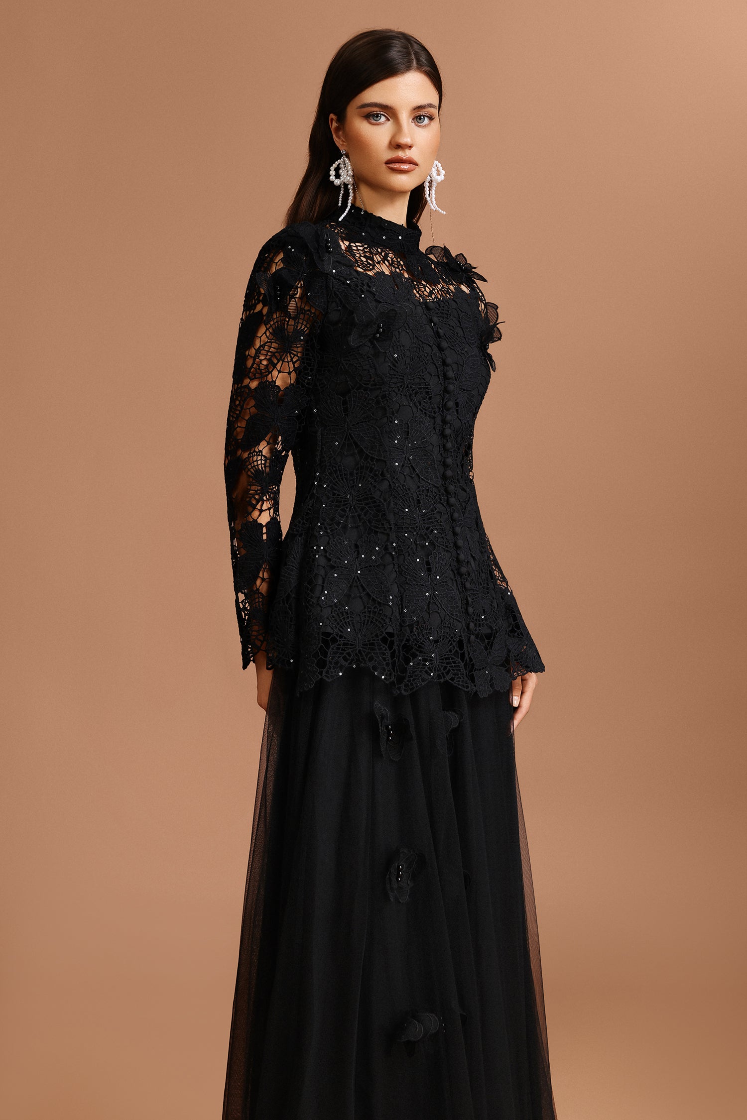 Okama Long Sleeve Folds Lace Butterfly Top And Skirt Two-Piece Set