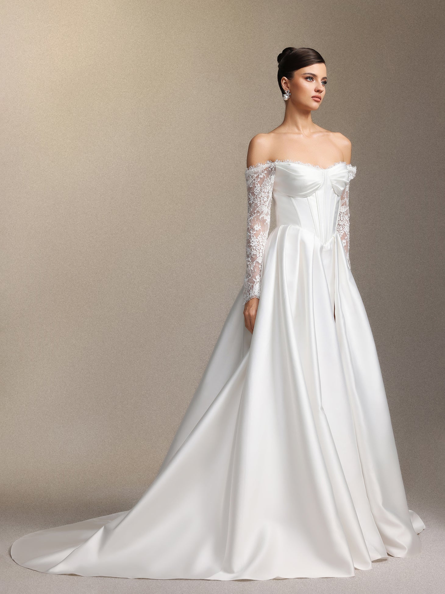 Makani Strapless lace sleeved fishbone maxi wedding dress