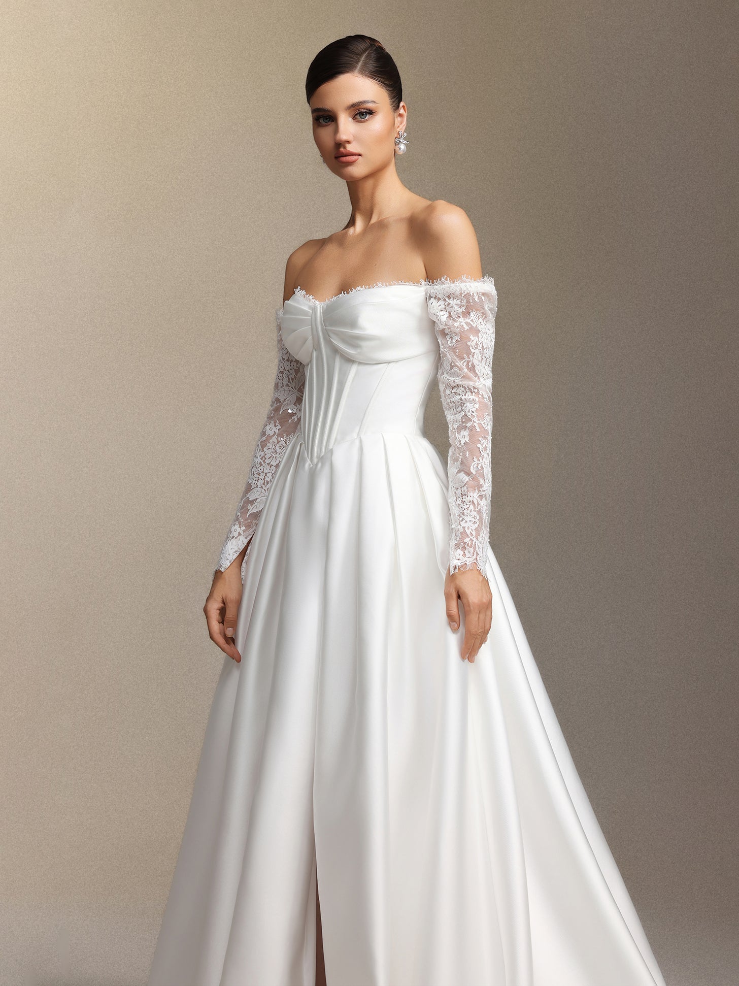 Makani Strapless lace sleeved fishbone maxi wedding dress