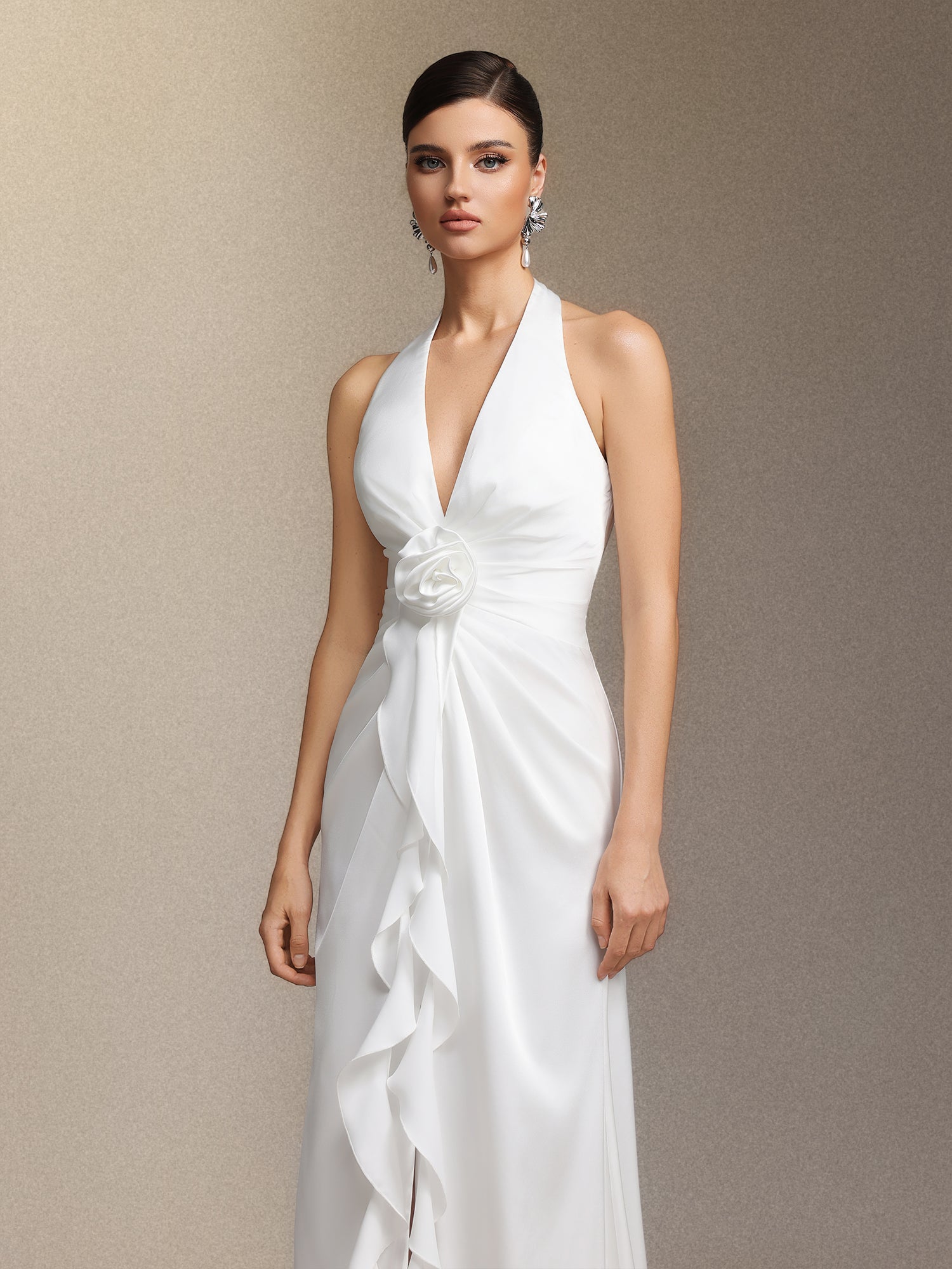 Salla Ruthie  Halter-neck three-dimensional flower ruffled cinched waist maxi dress