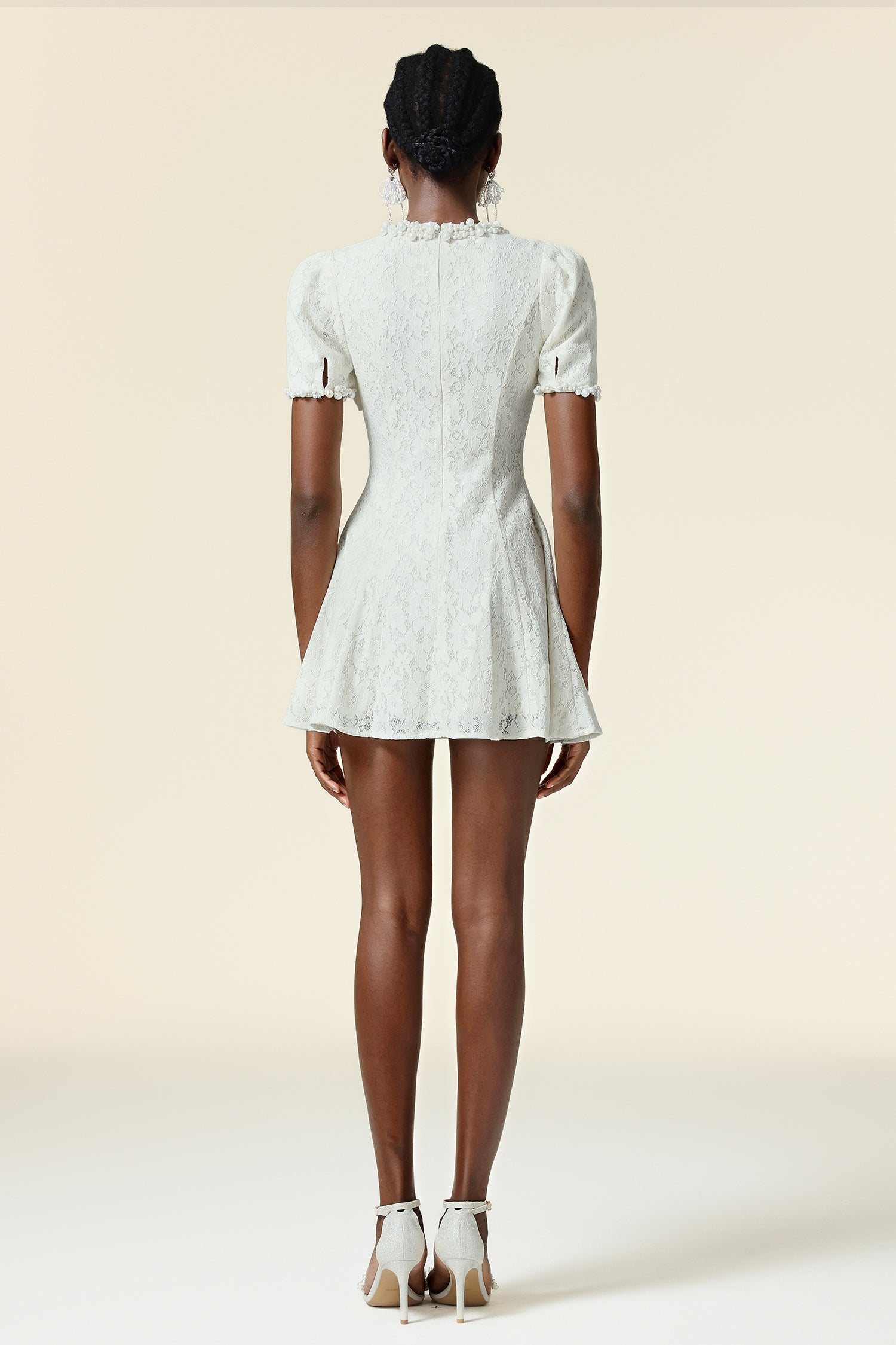 Sete V-Neck Short Sleeves Bowknot Pearl Lace Mini Dress
