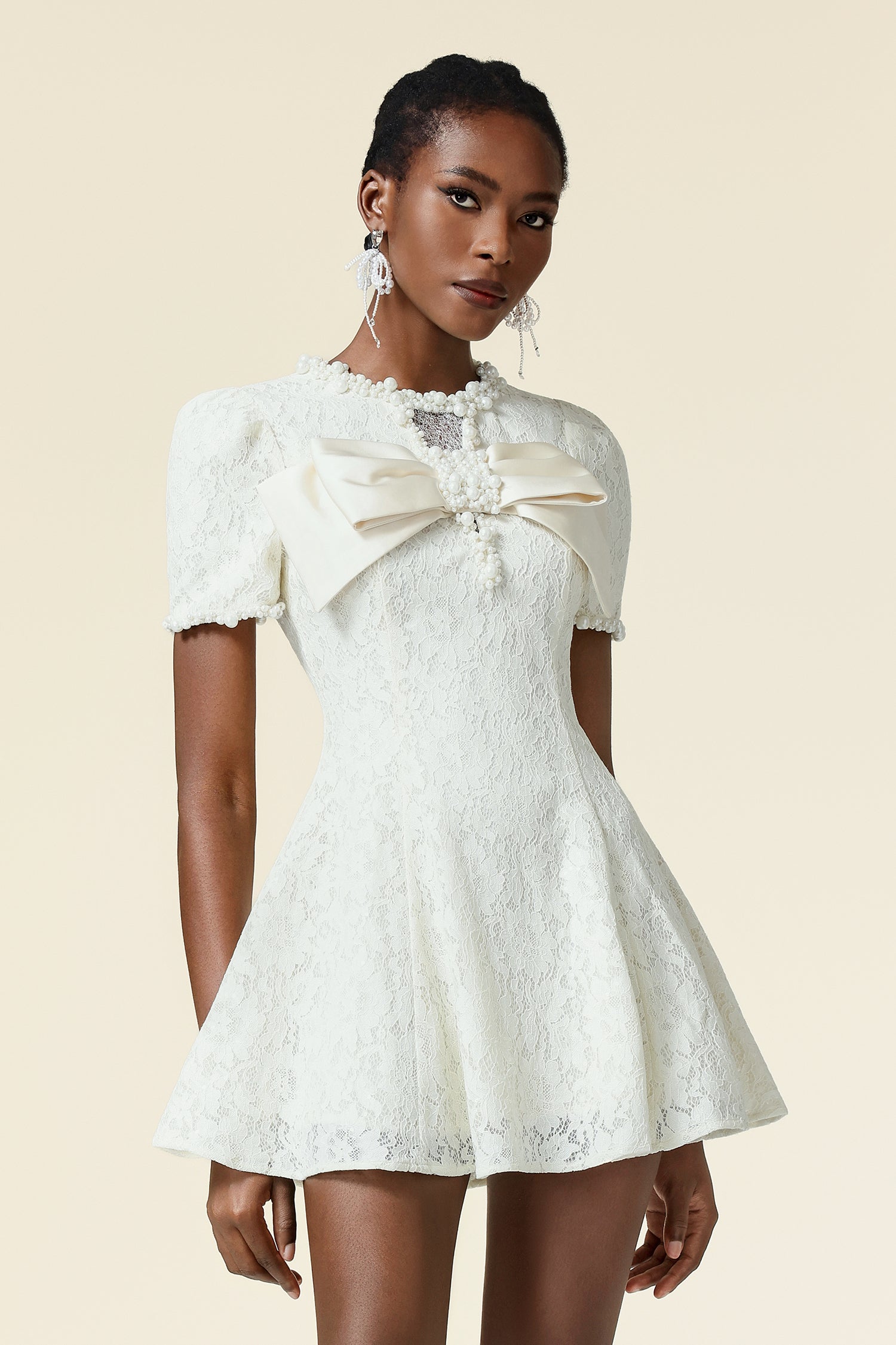 Sete V-Neck Short Sleeves Bowknot Pearl Lace Mini Dress