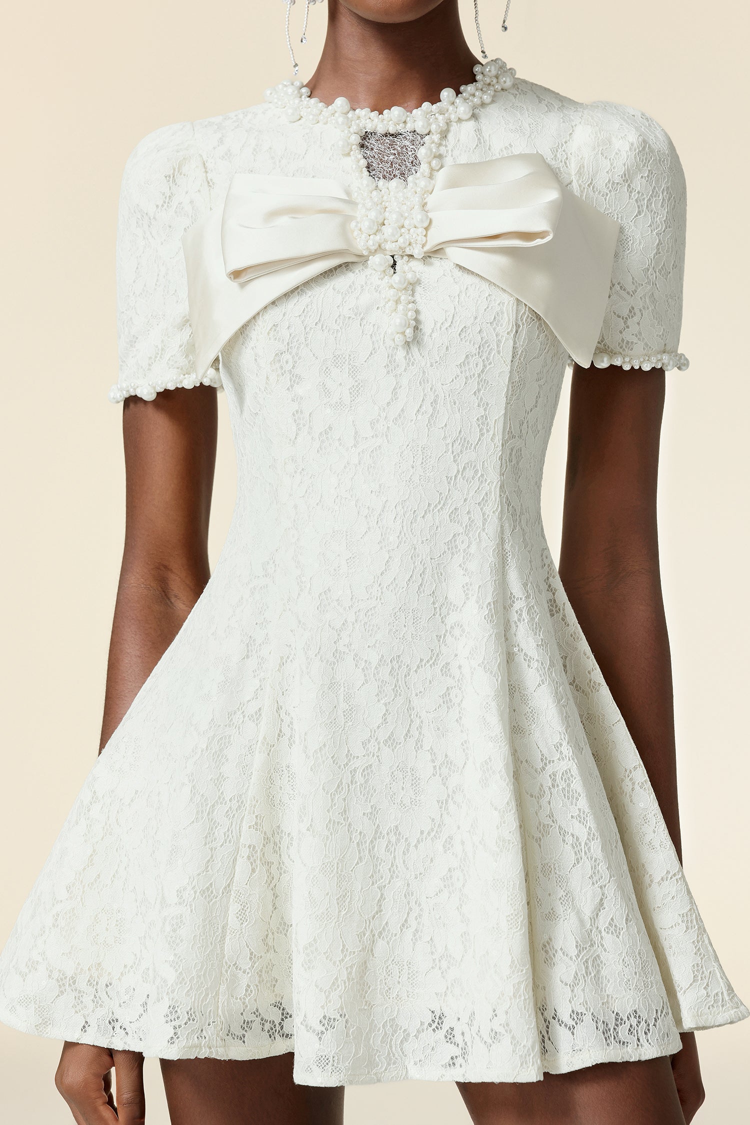 Sete V-Neck Short Sleeves Bowknot Pearl Lace Mini Dress