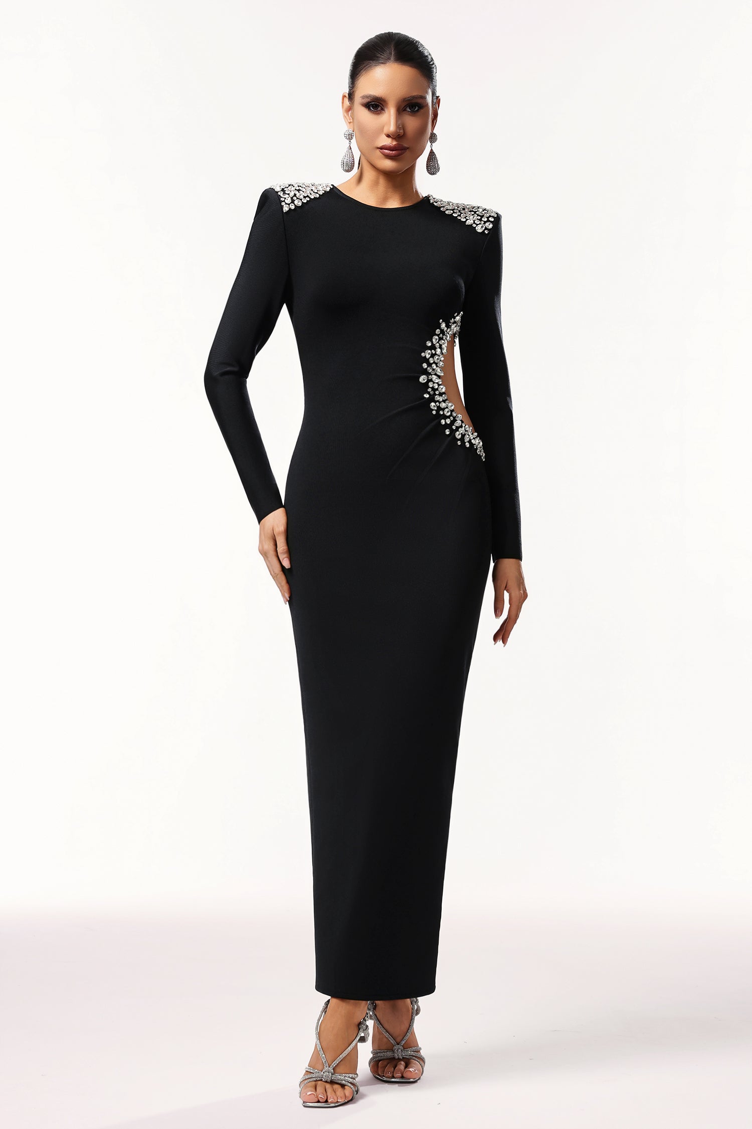 Oliay Long Sleeves Hollow Out Diamond Bandage Maxi Dress