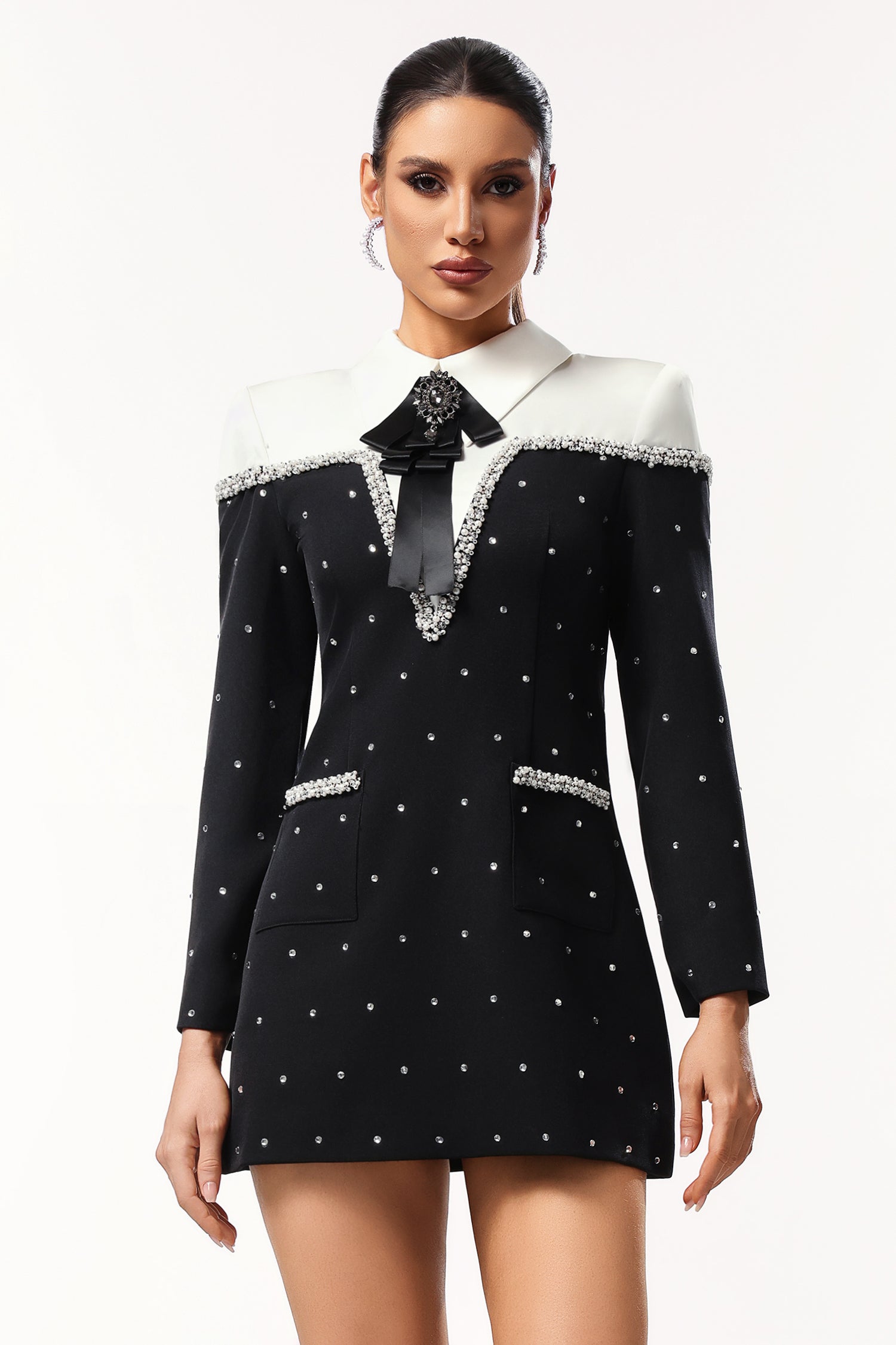 Daona Long Sleeves Diamond Pearl Mini Dress