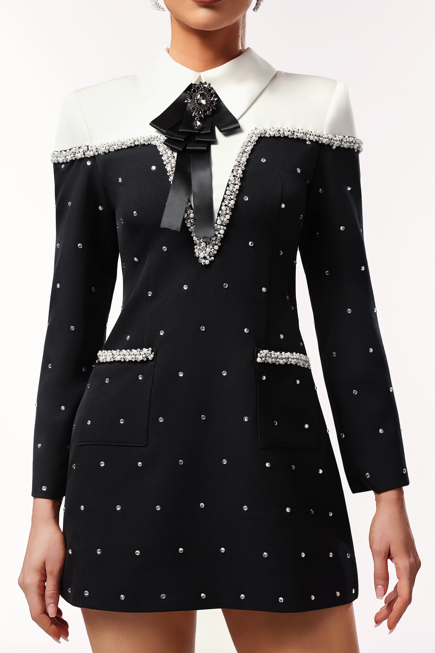 Daona Long Sleeves Diamond Pearl Mini Dress