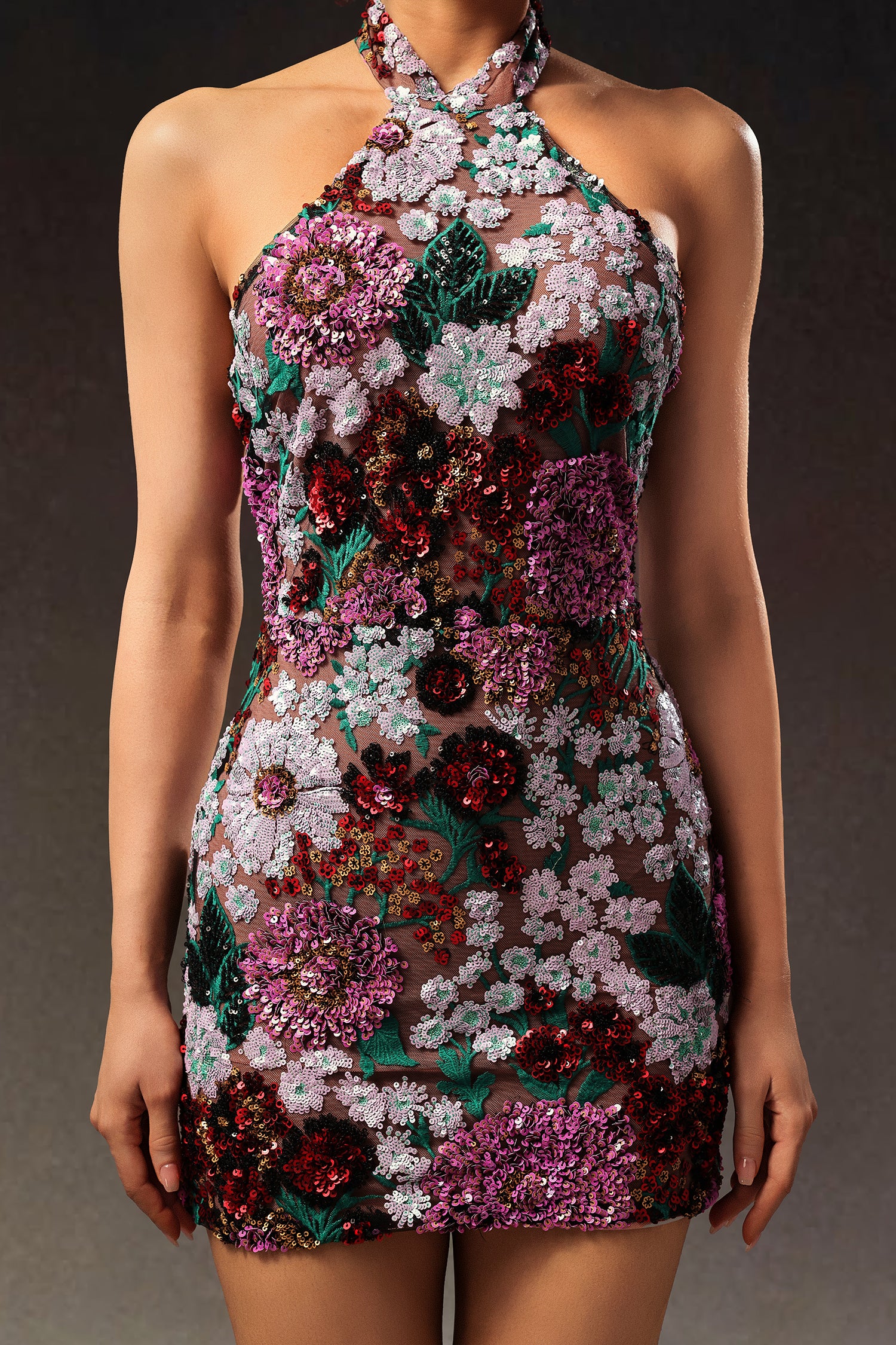 Polasa Halter Sleeveless Sequins Flower Mini Dress