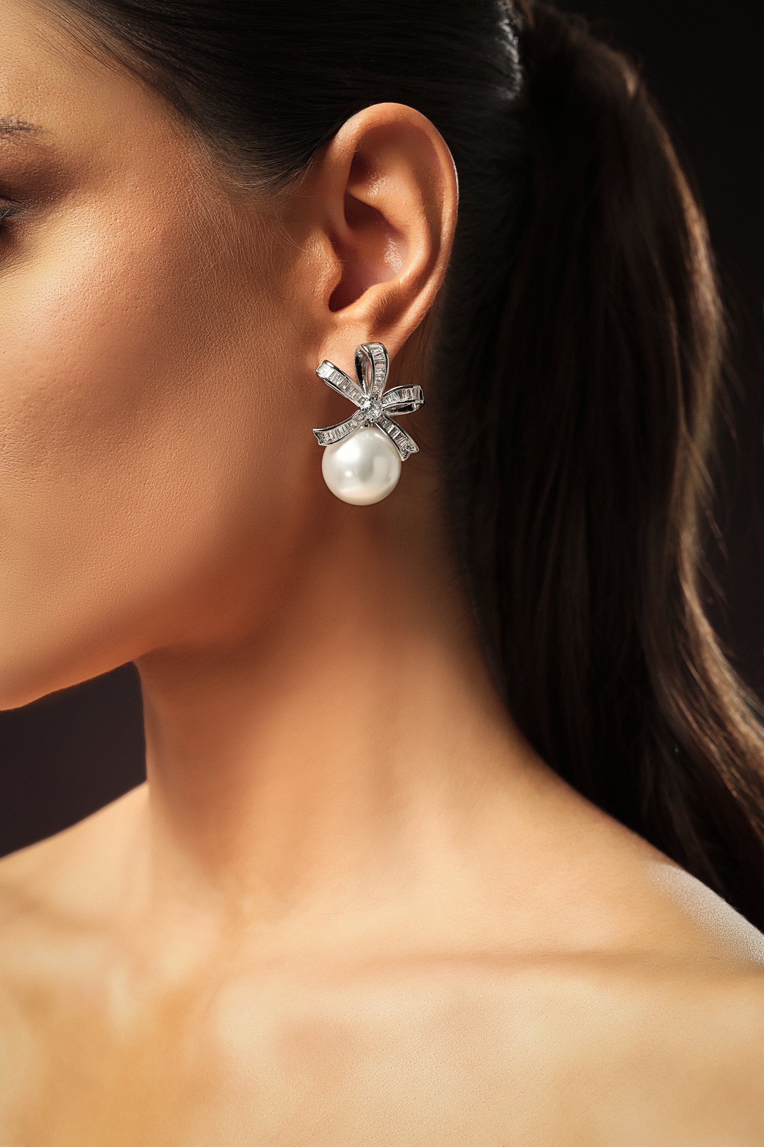 Zalea Pearl Diamond Ribbon Earrings