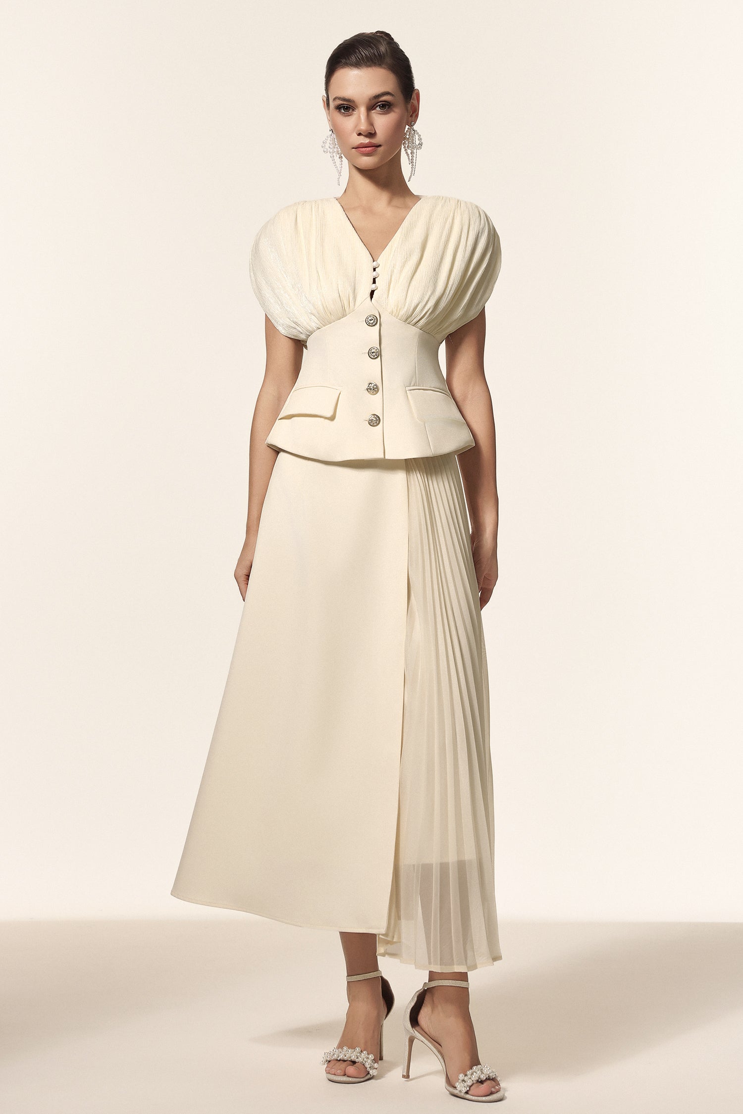 Harli V-Neck Sleeveless Folds Top And Skirt Two-Piece Set